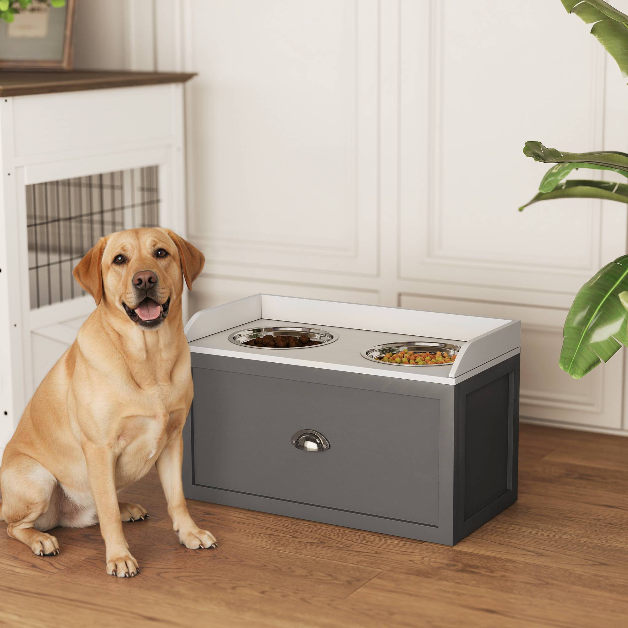 Sans Marque - Gamelle double chien chat surélevée rangement 2en1 tiroir 2 gamelles inox MDF blanc gris - Image 4