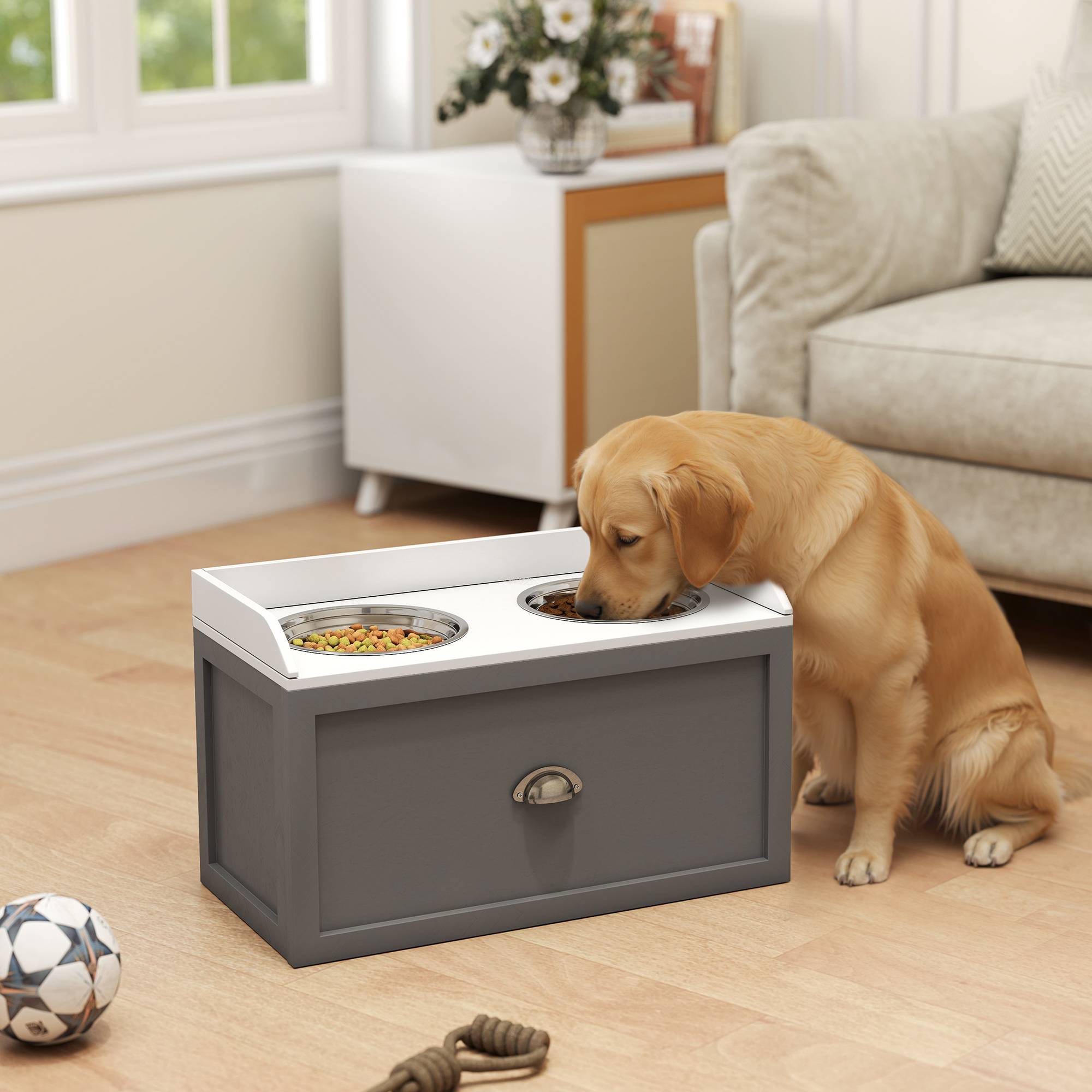 Sans Marque - Gamelle double chien chat surélevée rangement 2en1 tiroir 2 gamelles inox MDF blanc gris - Image 3