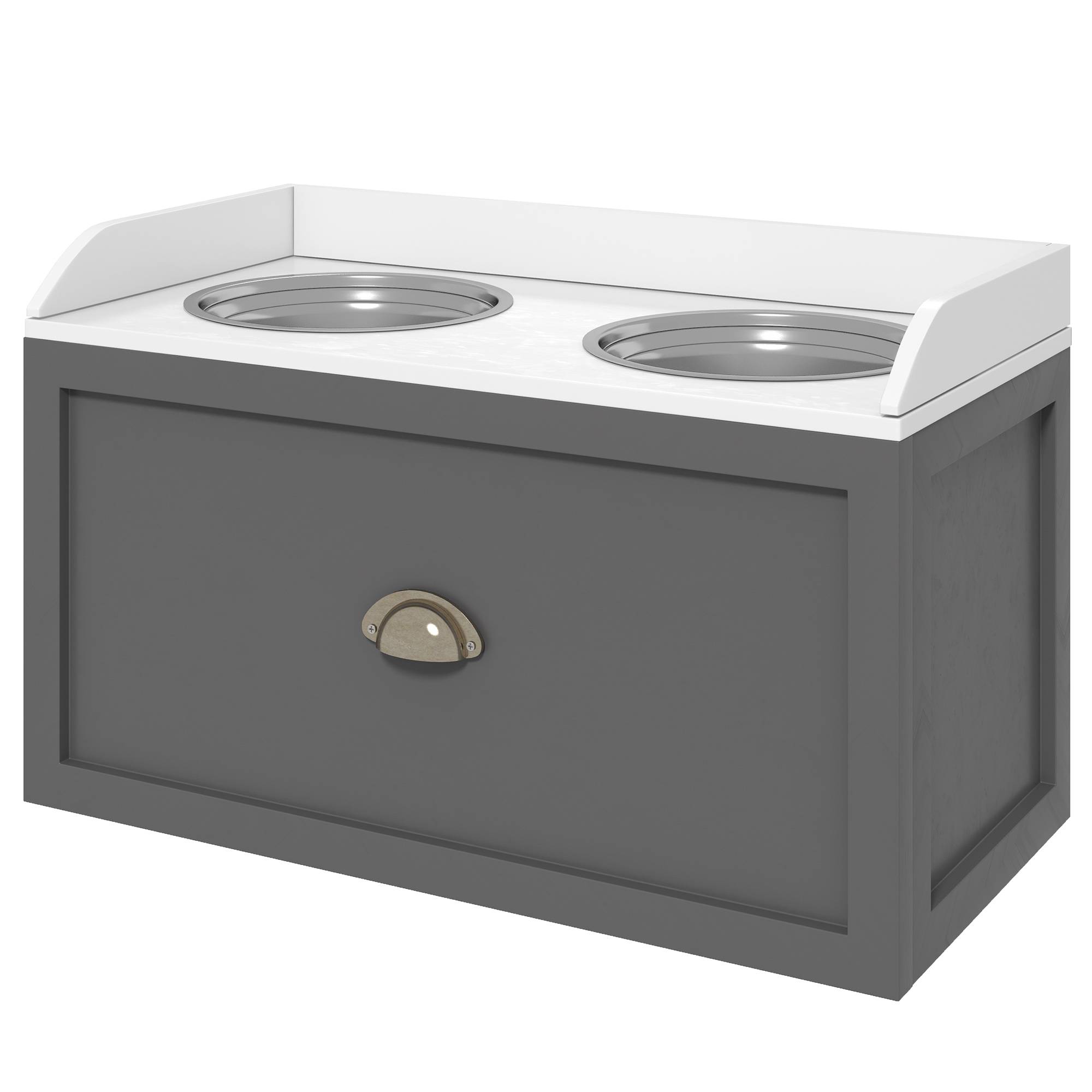 Sans Marque - Gamelle double chien chat surélevée rangement 2en1 tiroir 2 gamelles inox MDF blanc gris - Image 2