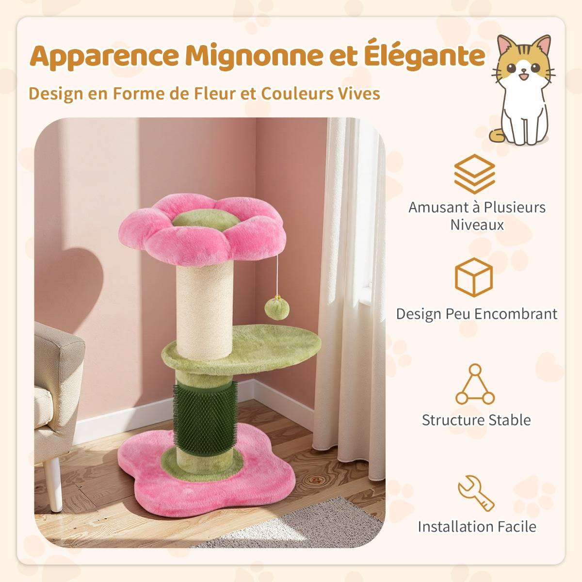 Maison Chic - Arbre à Chat Fleur Tour pour Chatons avec Plateforme Rembourrée en Peluche Poteau à Griffer - Image 2