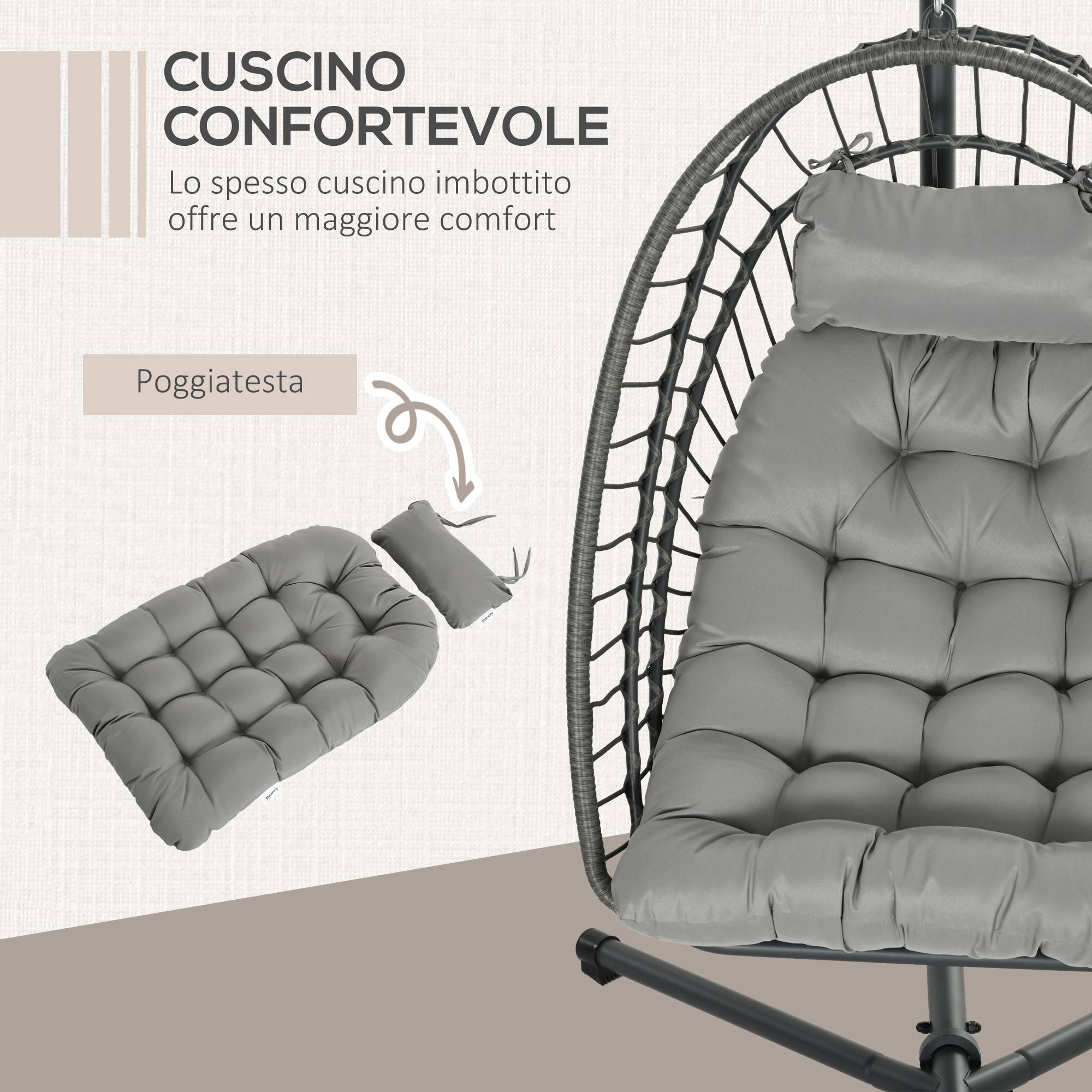 ComfortXL - Fauteuil suspendu œuf résine tressée pliable jardin et terrasse relaxation gris - ComfortXL Outdoor Living - Image 8