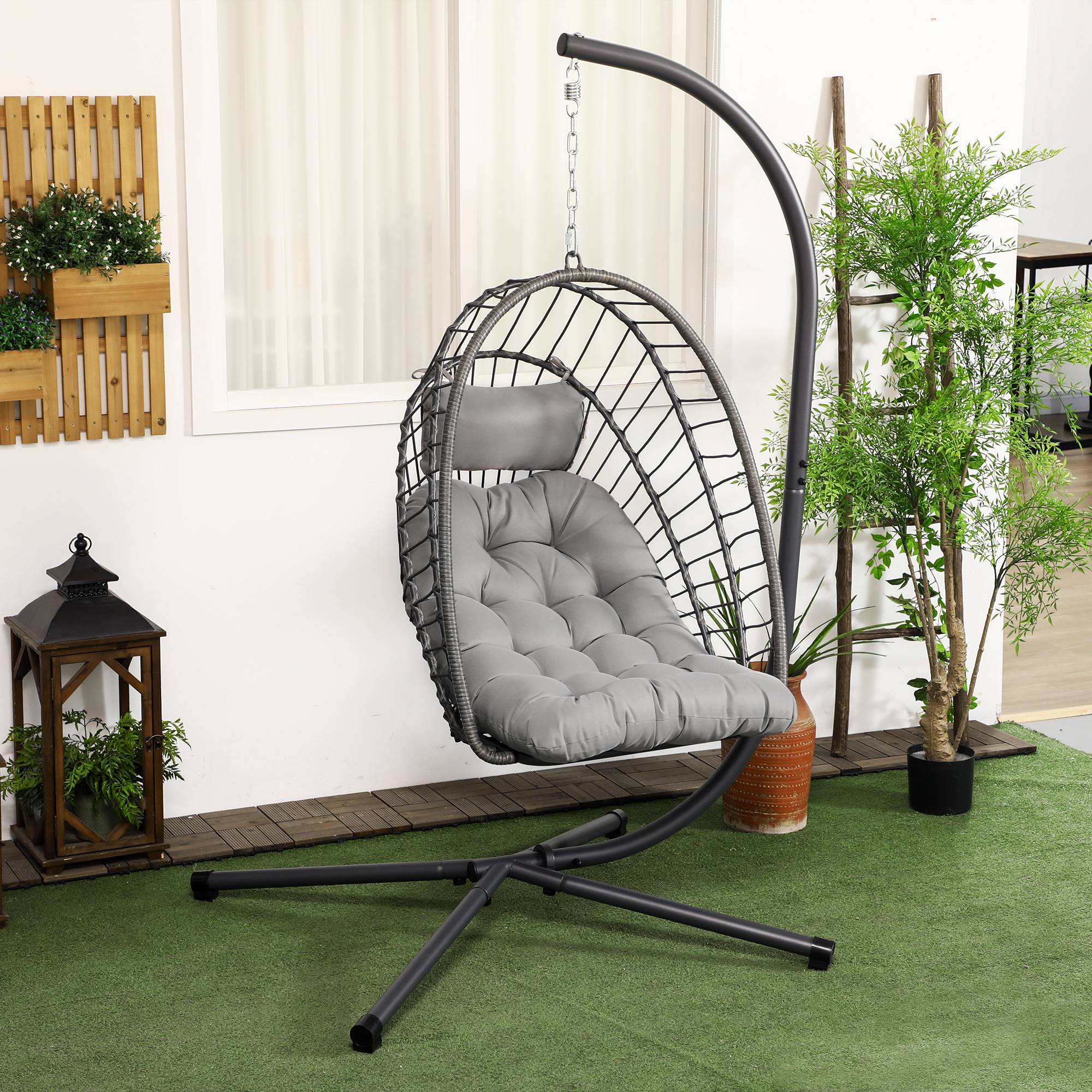 ComfortXL - Fauteuil suspendu œuf résine tressée pliable jardin et terrasse relaxation gris - ComfortXL Outdoor Living - Image 3
