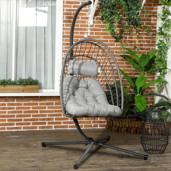 ComfortXL - Fauteuil suspendu œuf résine tressée pliable jardin et terrasse relaxation gris - ComfortXL Outdoor Living - Image 4