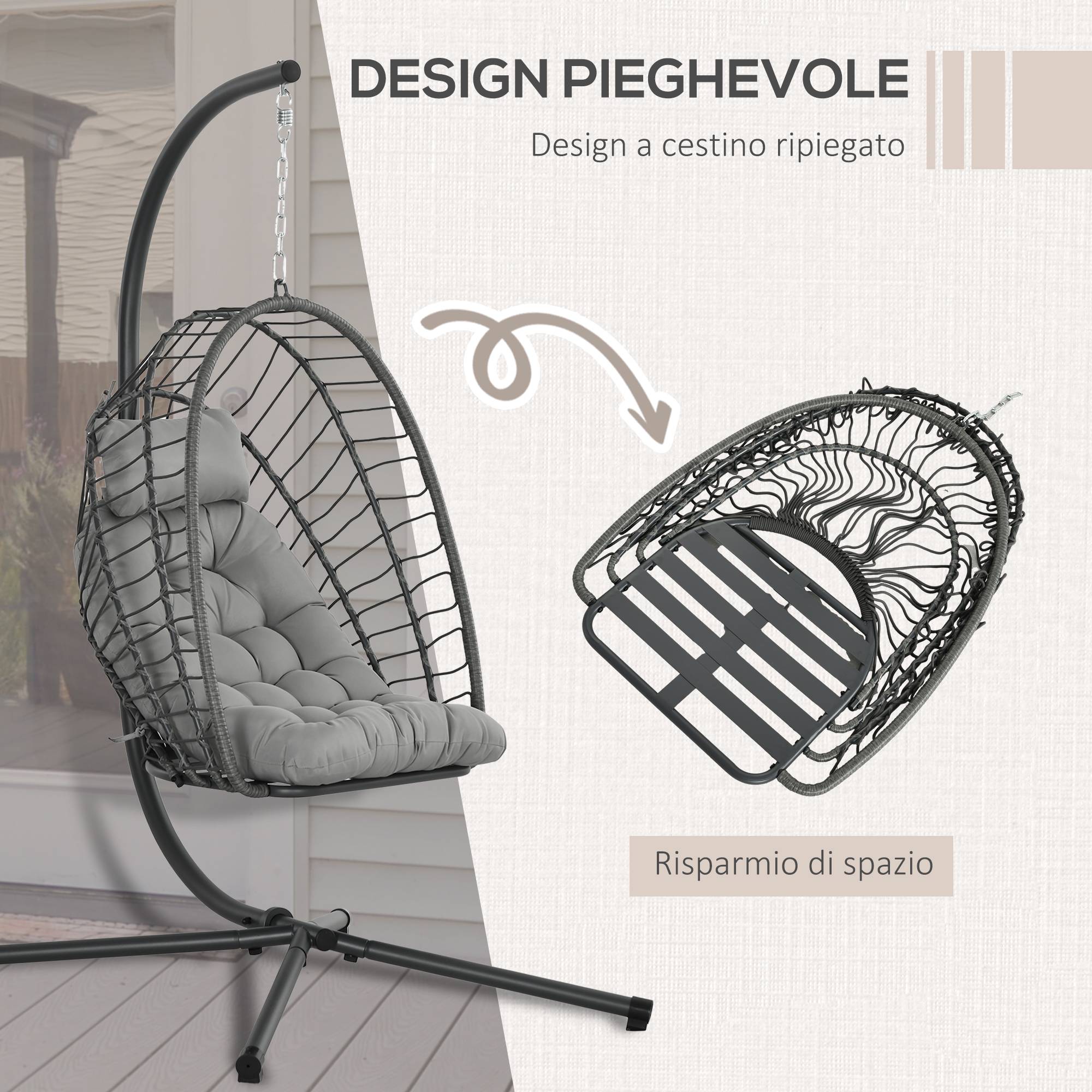 ComfortXL - Fauteuil suspendu œuf résine tressée pliable jardin et terrasse relaxation gris - ComfortXL Outdoor Living - Image 6