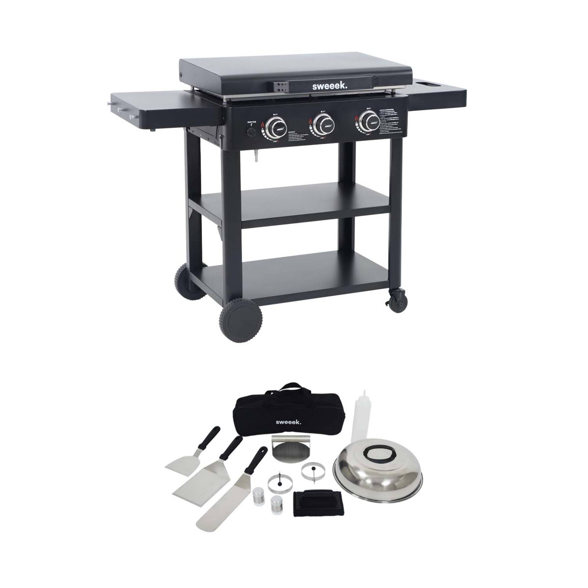 sweeek - Plancha gaz 3 brûleurs acier inoxydable 12kW avec chariot et ustensiles - Raoul | sweeek