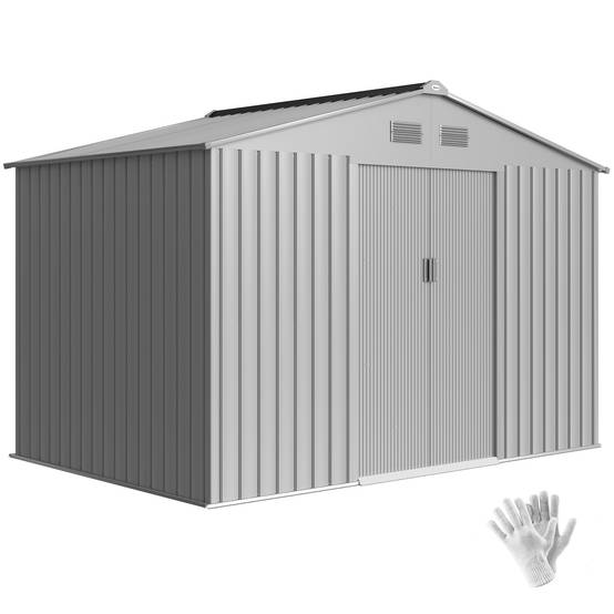Abri de jardin extérieur 4,9 m² (277 x 195 x 192 cm) avec porte coulissante, ventilation et kit de fondation, gris - Image 1