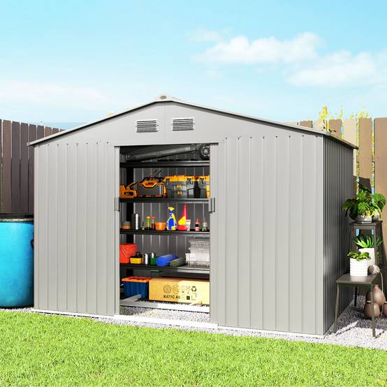 Abri de jardin extérieur 4,9 m² (277 x 195 x 192 cm) avec porte coulissante, ventilation et kit de fondation, gris - Image 4