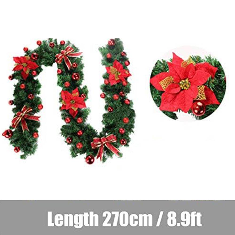 Rouge Guirlande de Noël de 2,7 m avec fleurs dorées, décoration de Noël, lampes LED, décoration de vacances pour escaliers, murs, portes - Image 2
