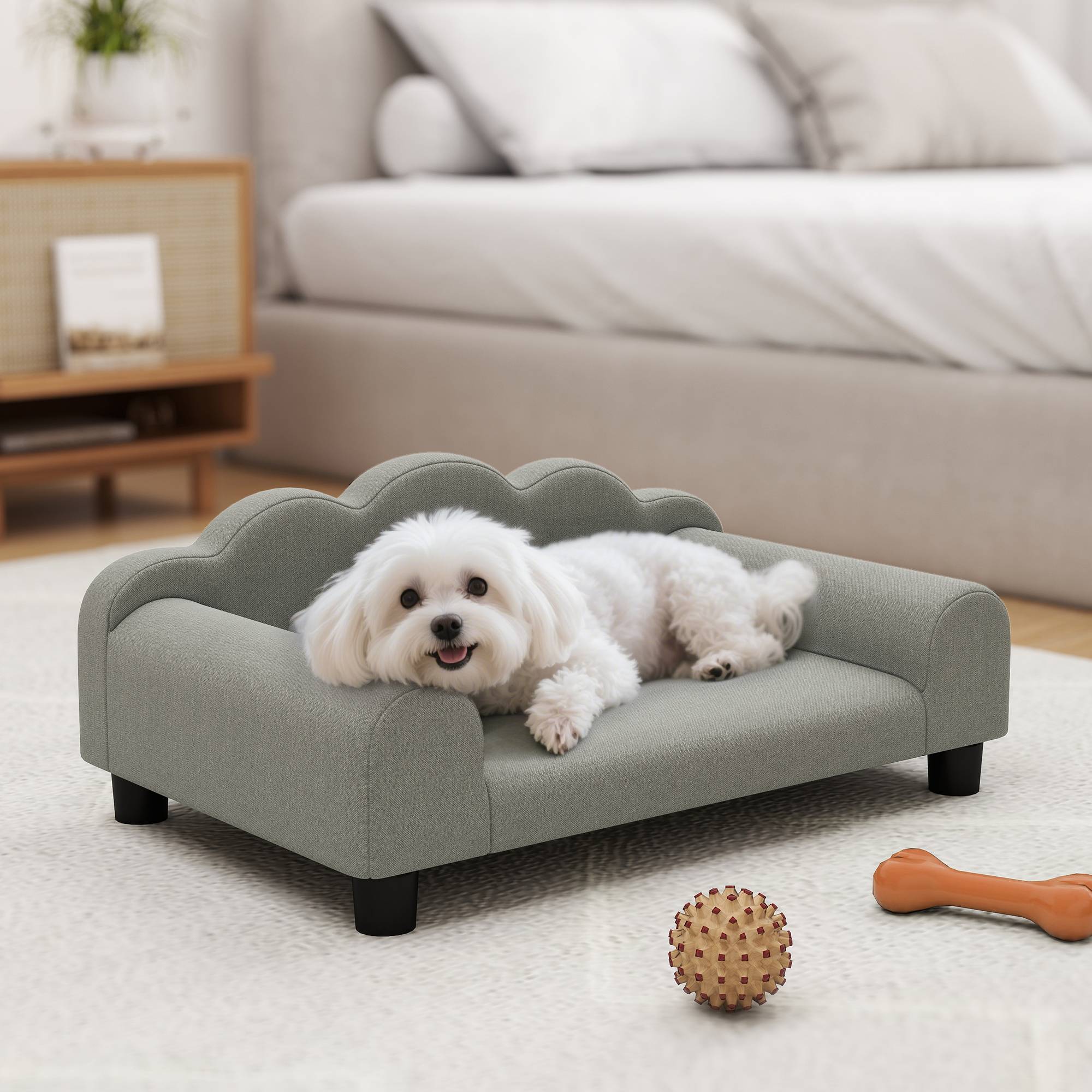 Sans Marque - Canapé pour chien avec accoudoirs confortables, bois et tissu éponge, 66 x 42 x 28,5 cm, gris - Image 4