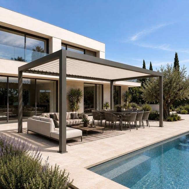Pergola Bioclimatique Aluminium Autoportante Motorisée Éclairée 5x3,5 Gris SV ORIAL France - Image 1