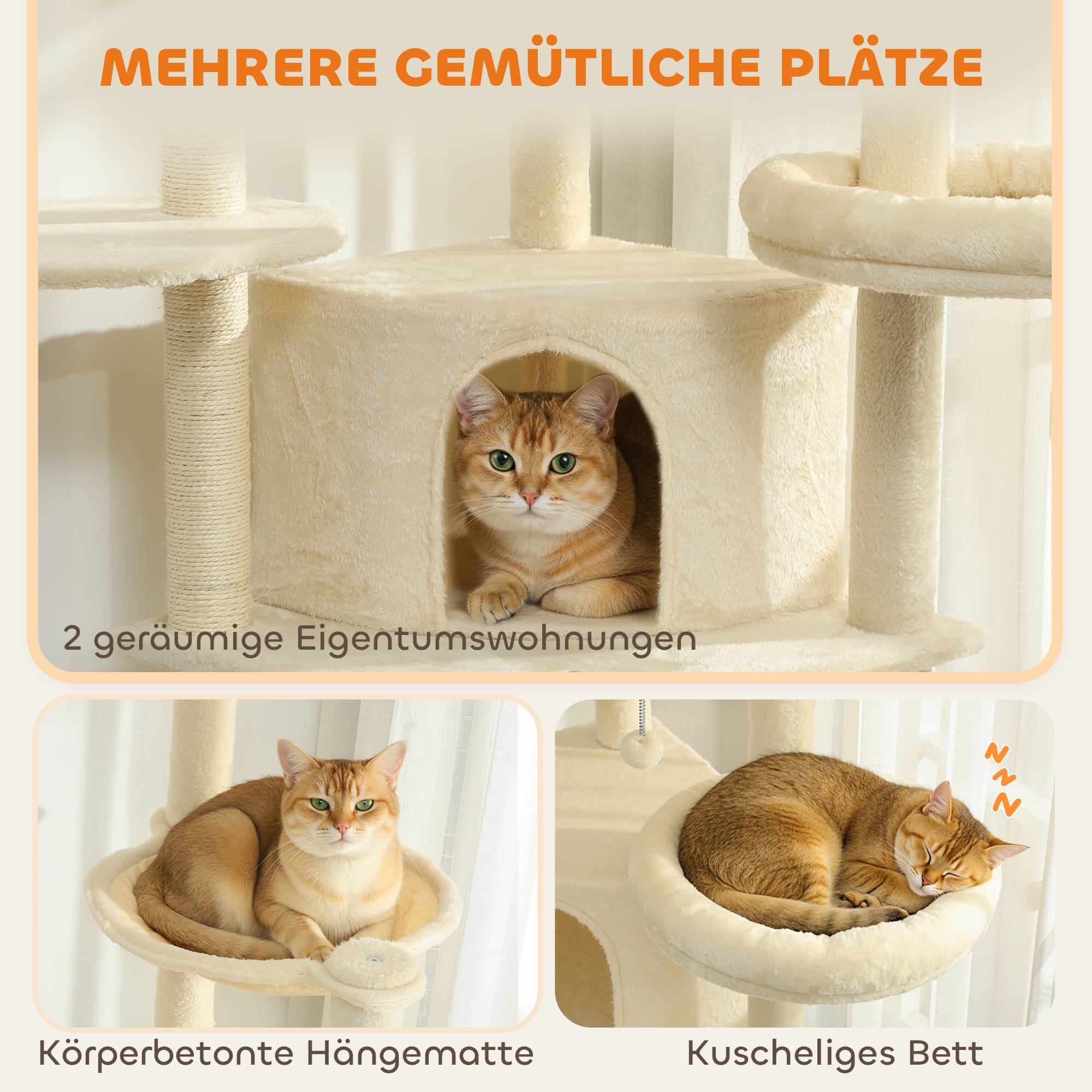 Arbre à chat 2 m pour 2-3 chats, griffoirs, niches, hamac, cachettes, multi-étages, sisal, bois, beige - Image 8