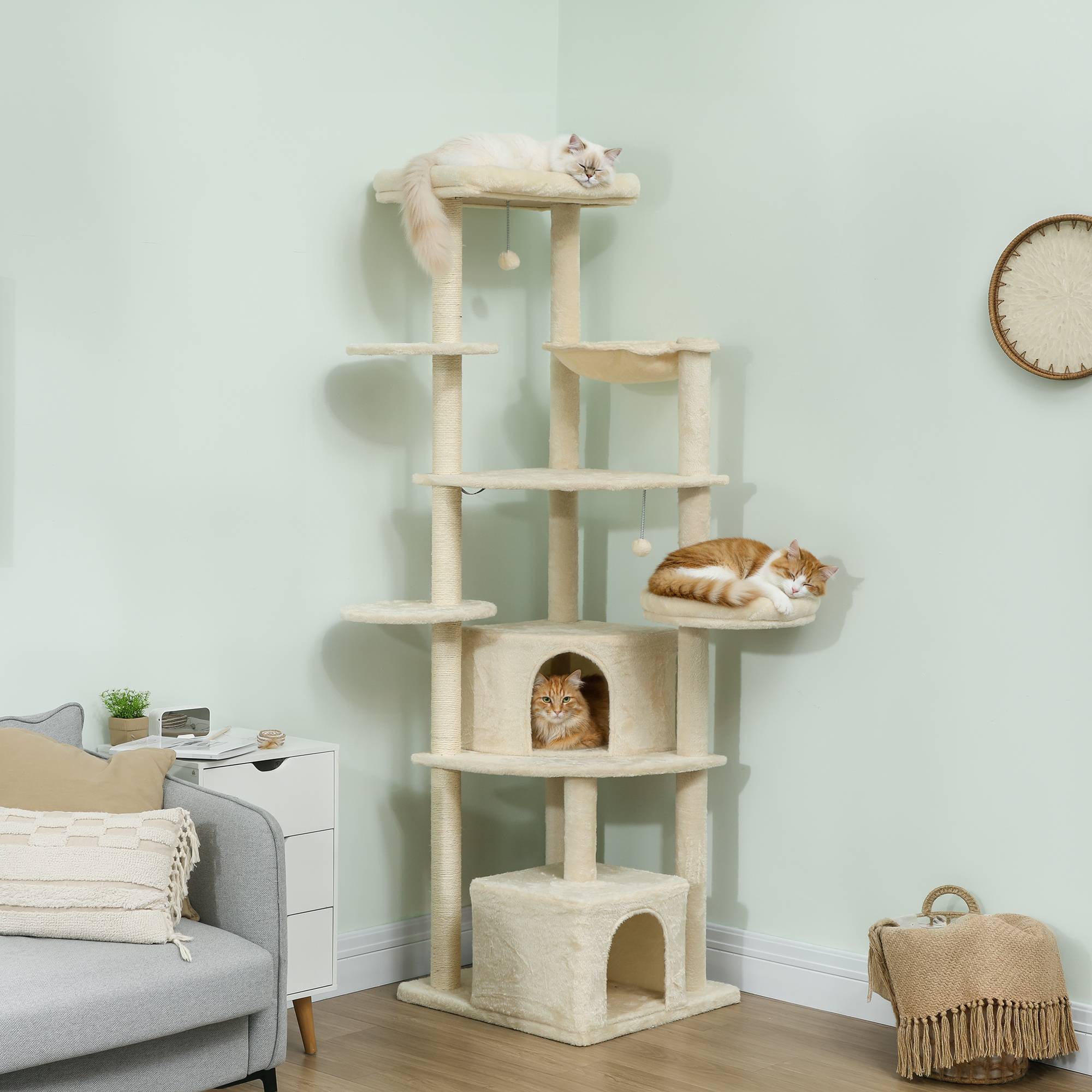 Arbre à chat 2 m pour 2-3 chats, griffoirs, niches, hamac, cachettes, multi-étages, sisal, bois, beige - Image 4