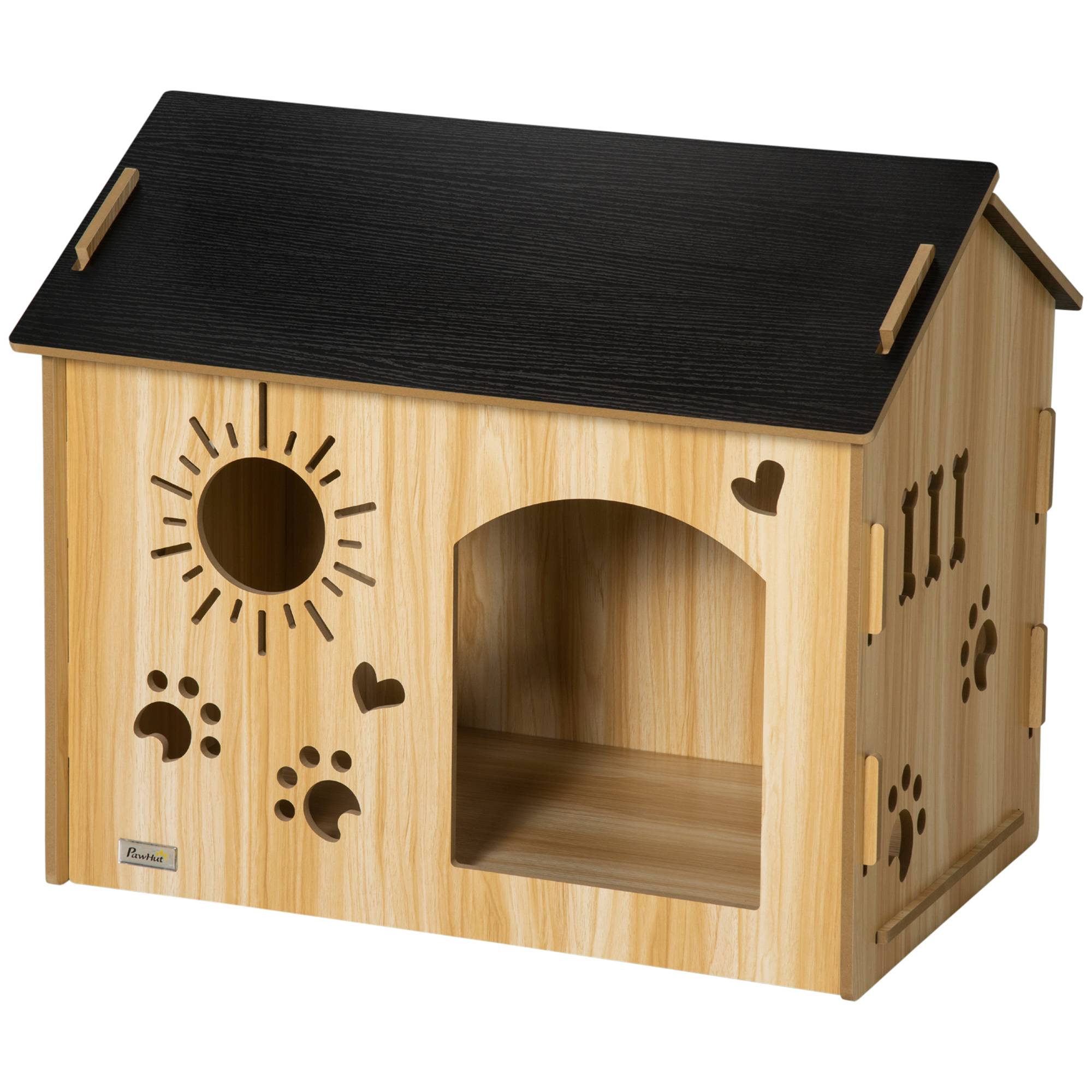 Sans Marque - Niche bois petits chiens intérieur motifs gravés 69x50x58,5 cm chêne - Image 2