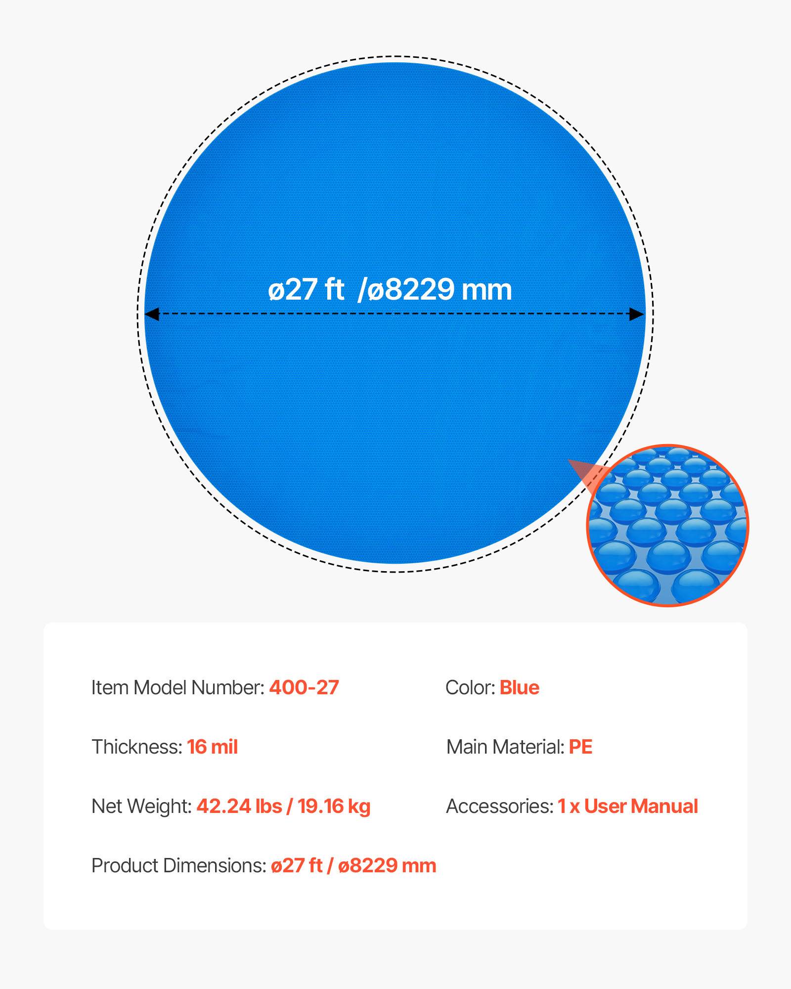 Vevor - VEVOR Bâche solaire ronde 8,23 m 0,4 mm en PE, bâche à bulles pour piscine hors-sol et creusée, chauffe et conserve la chaleur, bleu - Image 6