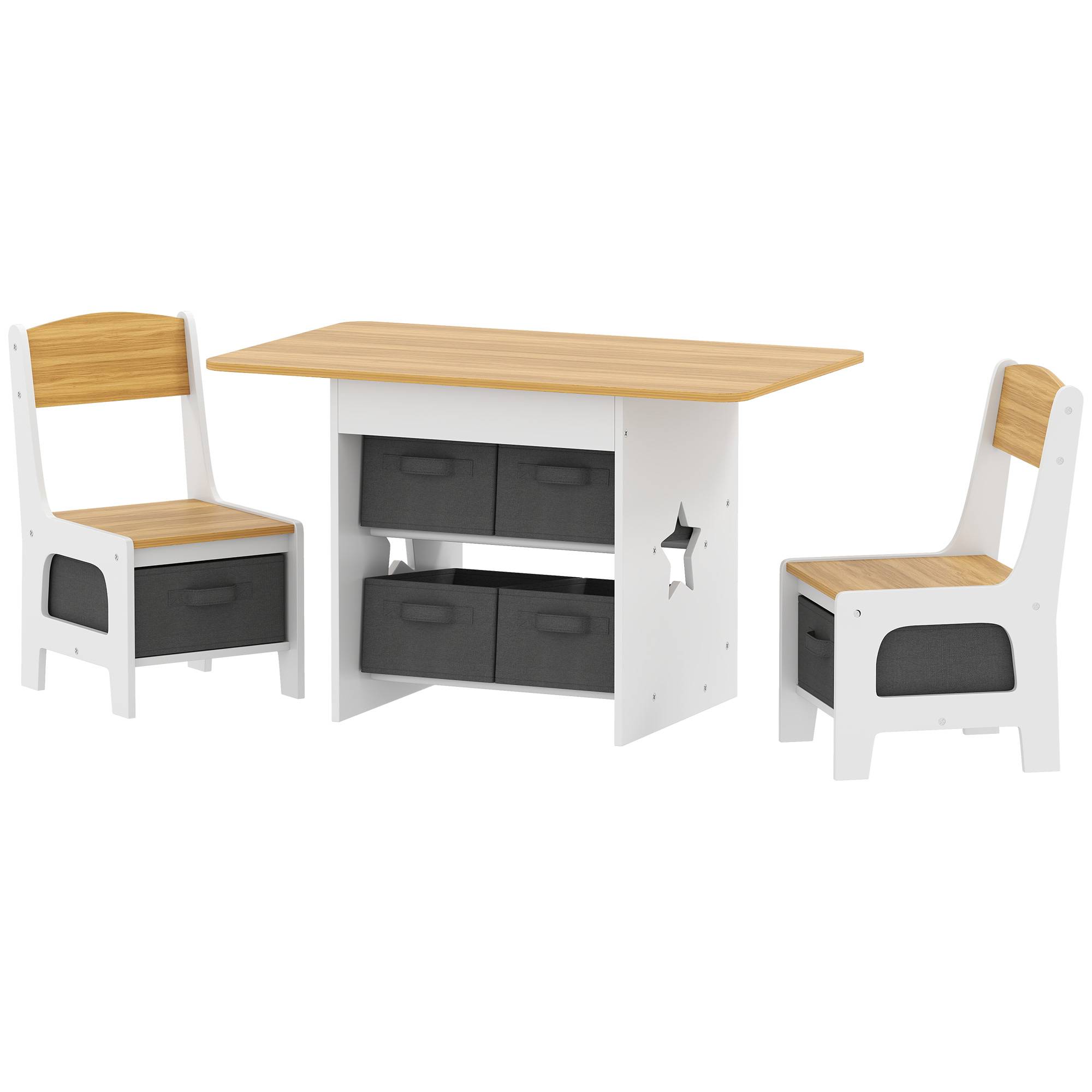 Table enfant avec 2 chaises, 6 tiroirs tissus motifs étoiles, pour garçons filles 3-8 ans, naturel - Image 2