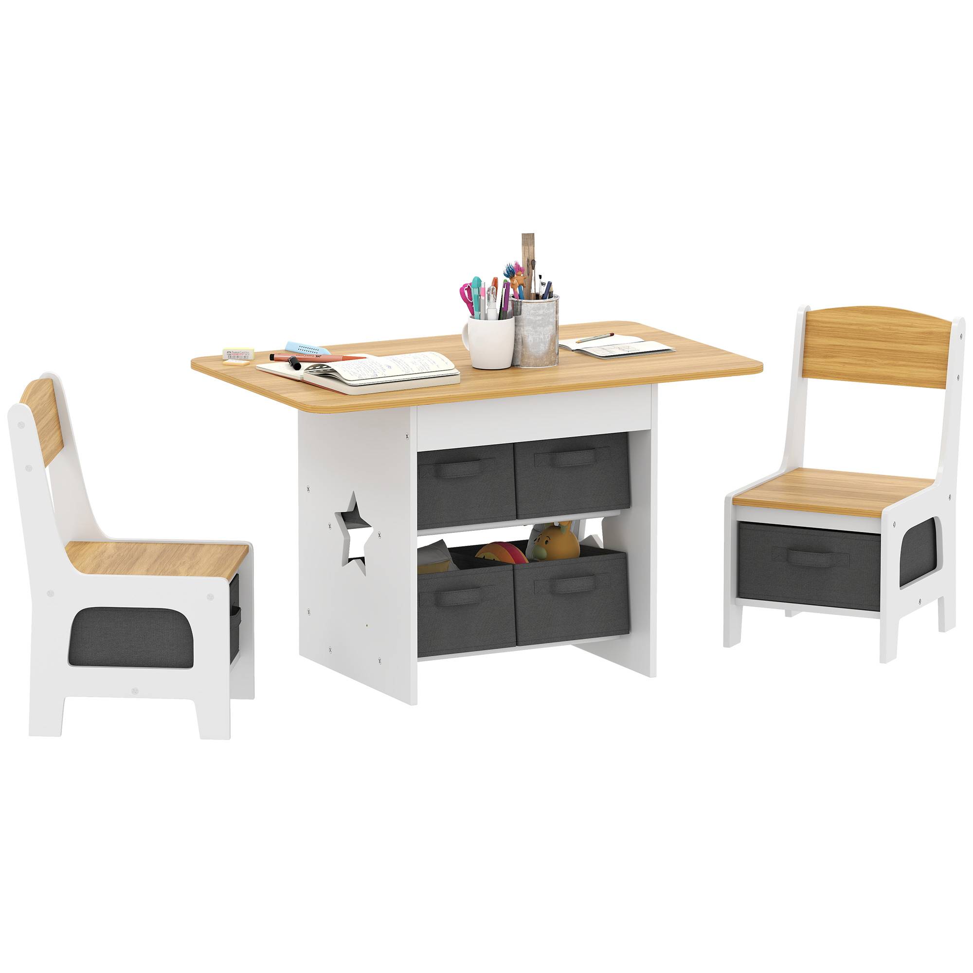 Table enfant avec 2 chaises, 6 tiroirs tissus motifs étoiles, pour garçons filles 3-8 ans, naturel - Image 1