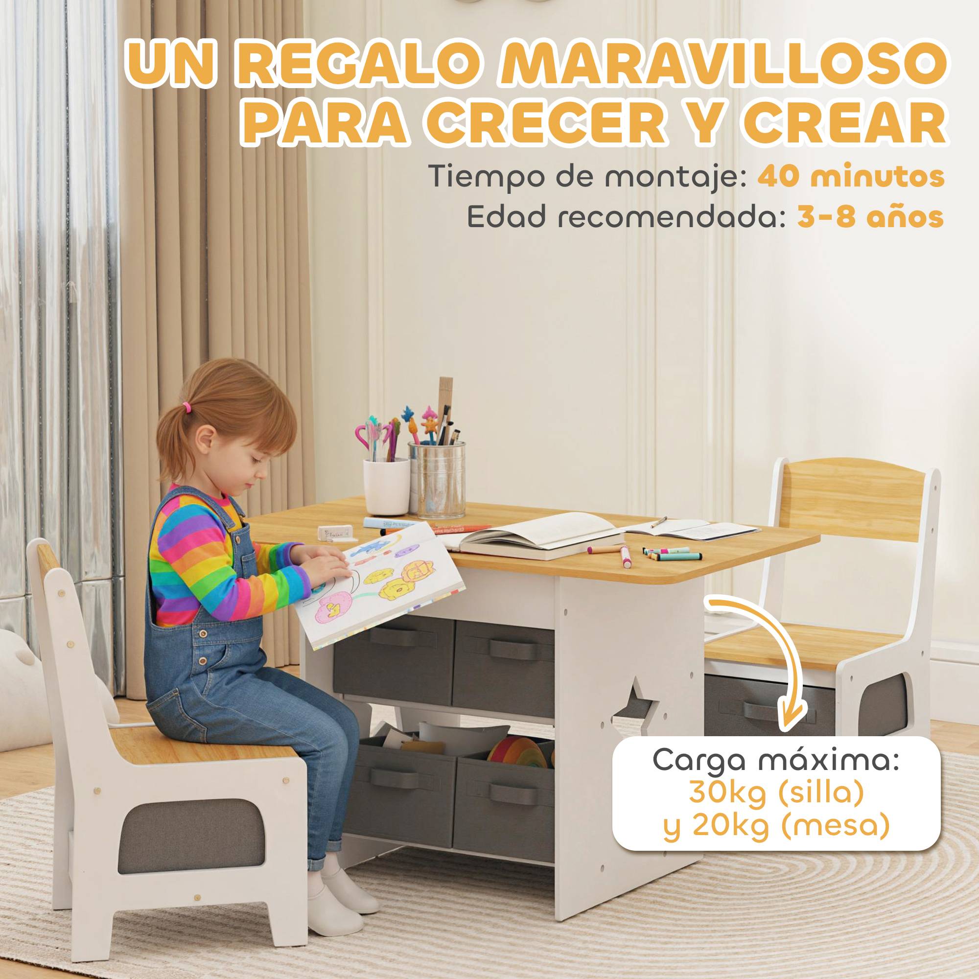 Table enfant avec 2 chaises, 6 tiroirs tissus motifs étoiles, pour garçons filles 3-8 ans, naturel - Image 10