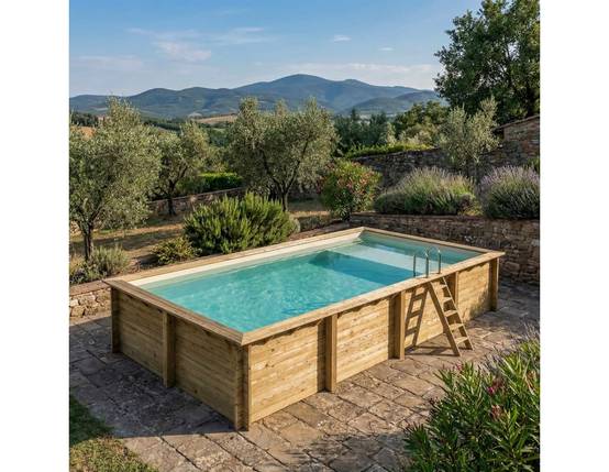 Altanka - Piscine hors sol en bois AQUA 8.5 x 4.35 - H.1.45 m avec plage, sable, fixations à visser - BAS7309OSPL3+PLA309 - ALTANKA - Image 1