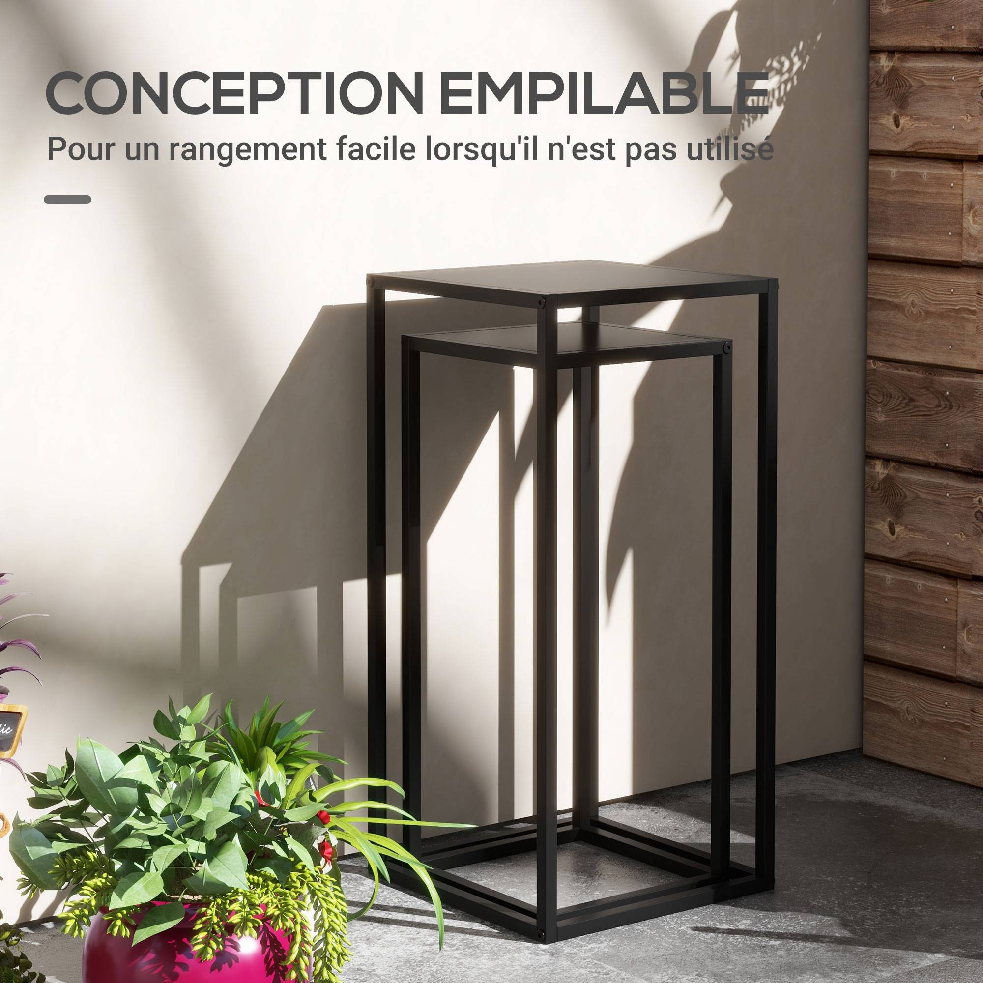 Lot de 2 supports pot de fleurs encastrables 2 hauteurs différentes 58,5 et 65 cm - acier noir - Image 8