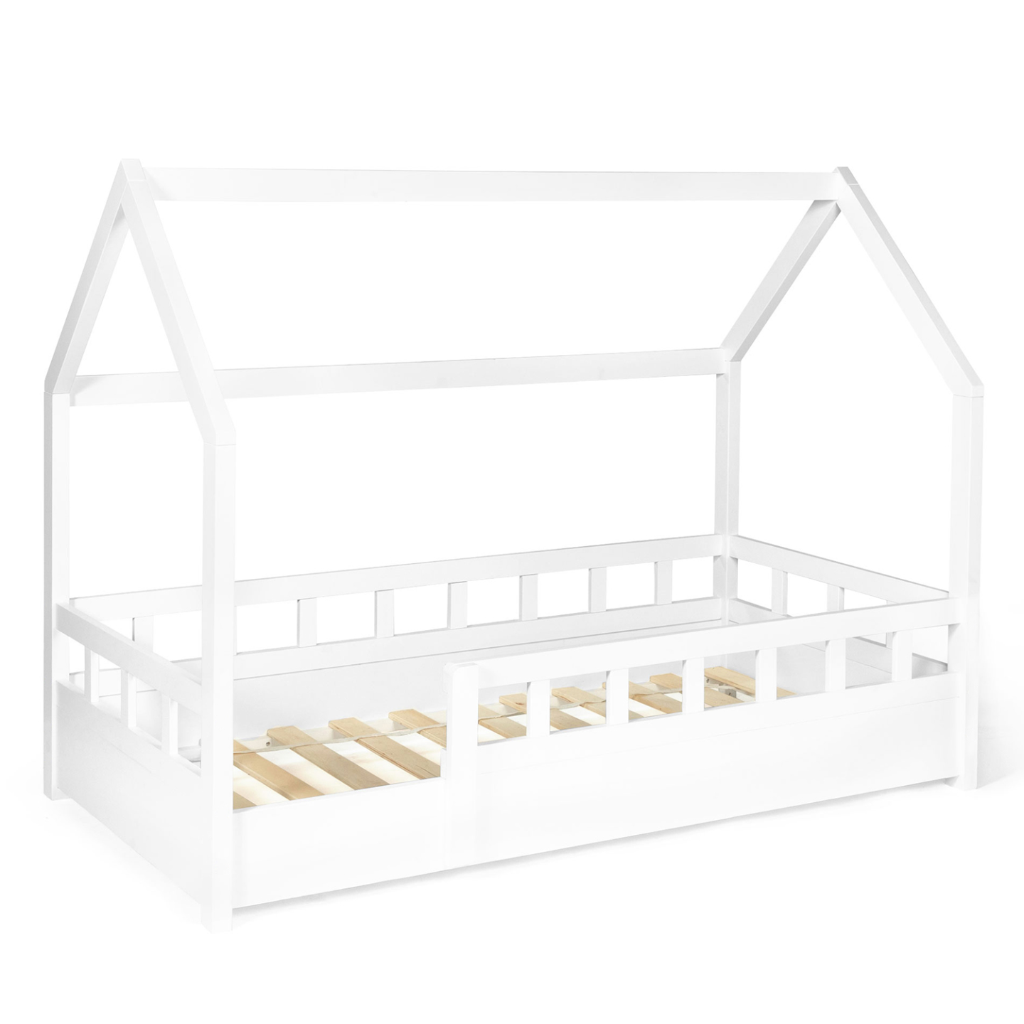 Lit cabane enfant 80 x 160 CM NEREE blanc avec sommier et barrières - Image 2