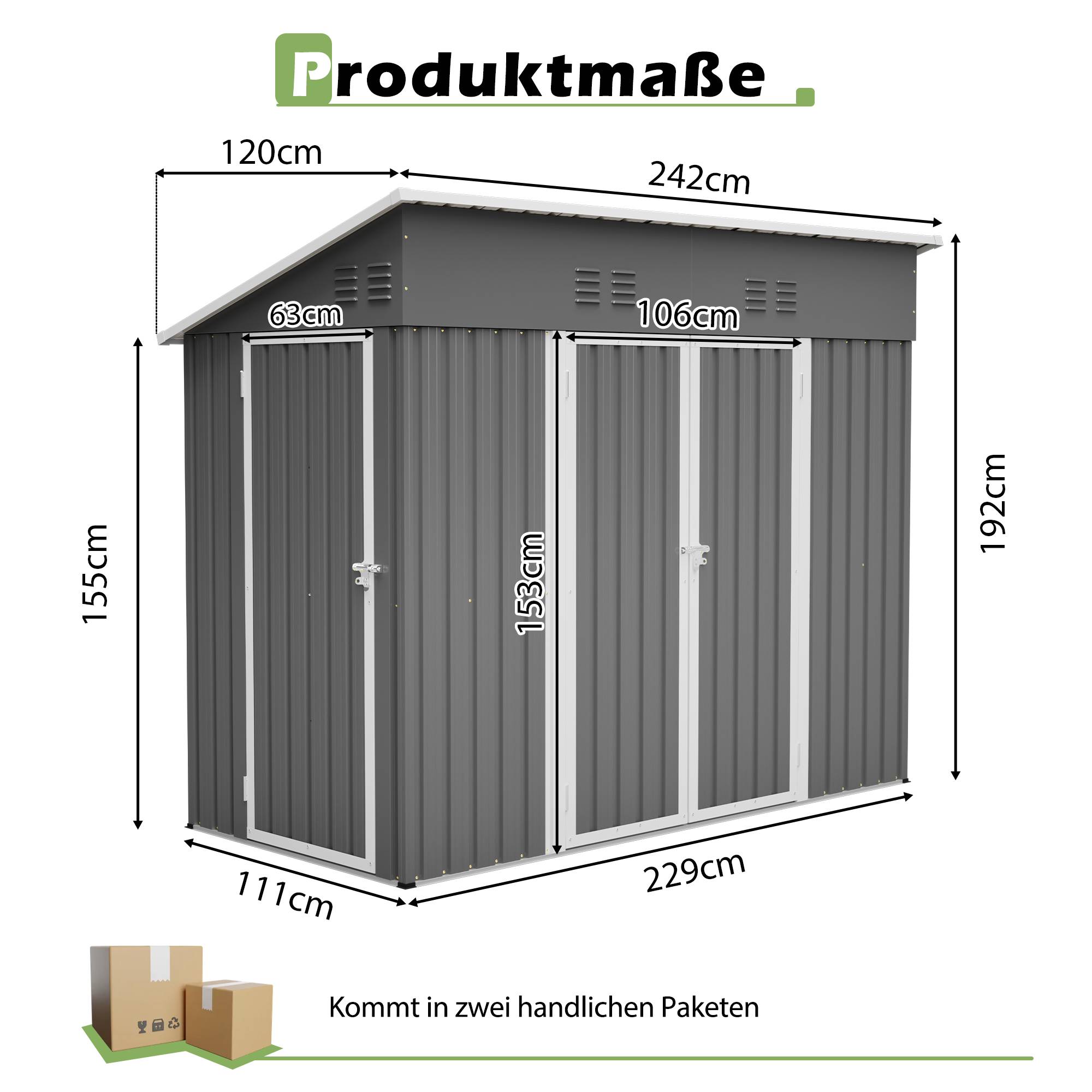 ComfortXL - Abri de jardin métal pour outils vélos cabanon extérieur 242 x 120 x 192 cm gris - ComfortXL Outdoor Living - Image 2