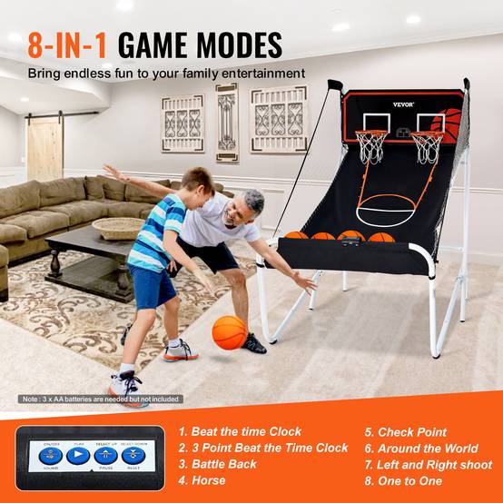 VEVOR Jeu arcade basketball pliable, 2 joueurs, double panier. 5 ballons, tableau électronique, pompe. Noir/blanc. - Image 4