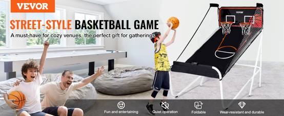 VEVOR Jeu arcade basketball pliable, 2 joueurs, double panier. 5 ballons, tableau électronique, pompe. Noir/blanc. - Image 9