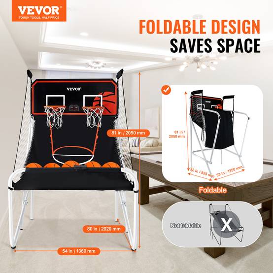 VEVOR Jeu arcade basketball pliable, 2 joueurs, double panier. 5 ballons, tableau électronique, pompe. Noir/blanc. - Image 2
