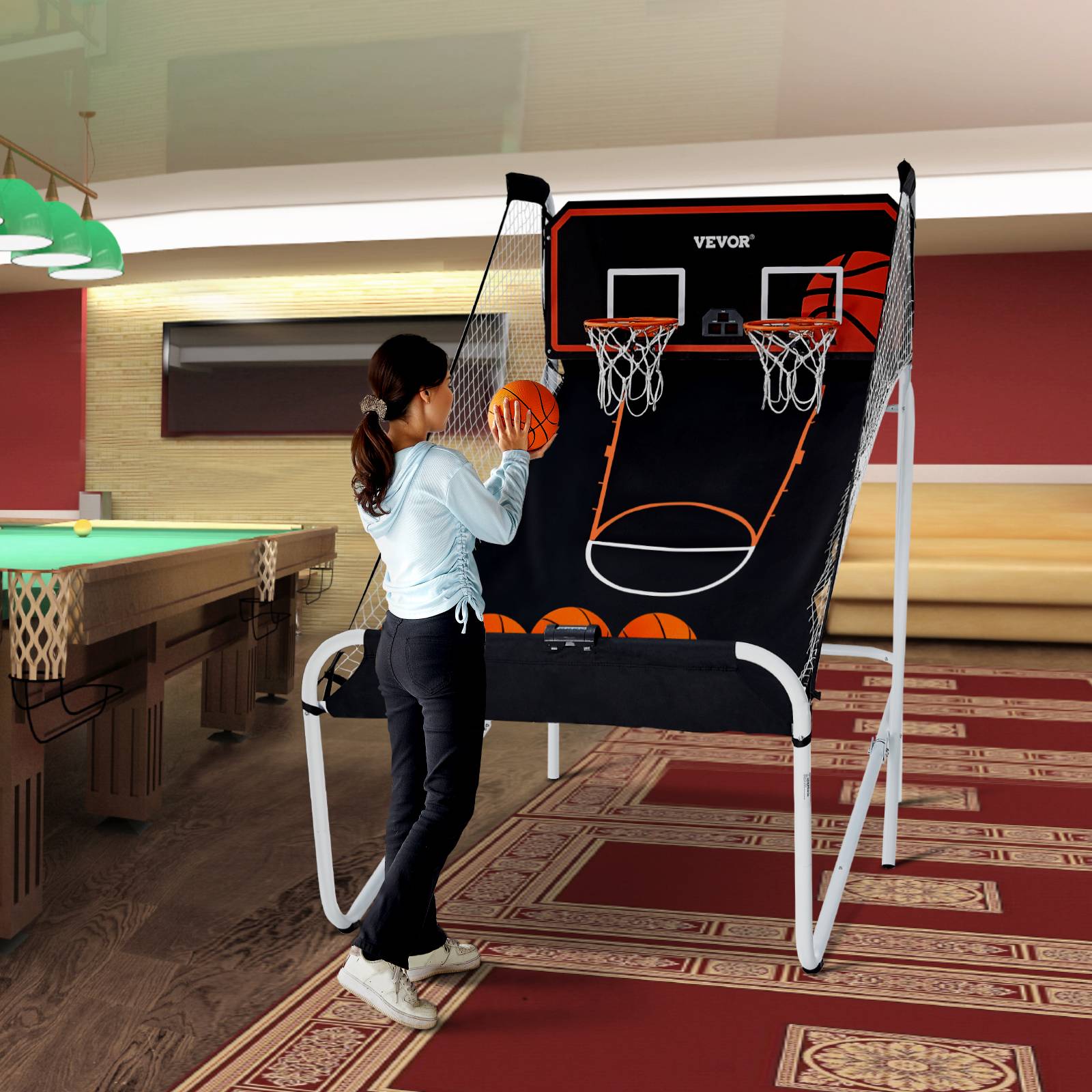 VEVOR Jeu arcade basketball pliable, 2 joueurs, double panier. 5 ballons, tableau électronique, pompe. Noir/blanc. - Image 8