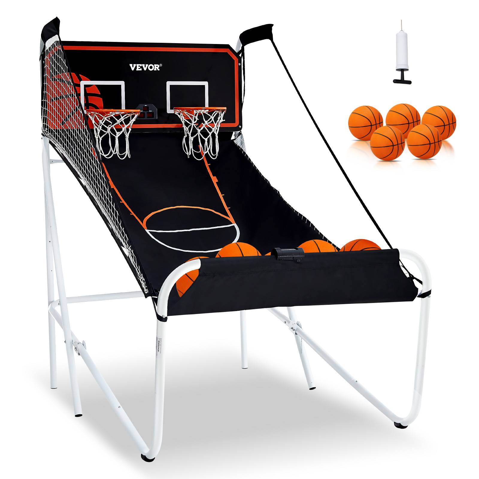 VEVOR Jeu arcade basketball pliable, 2 joueurs, double panier. 5 ballons, tableau électronique, pompe. Noir/blanc. - Image 1
