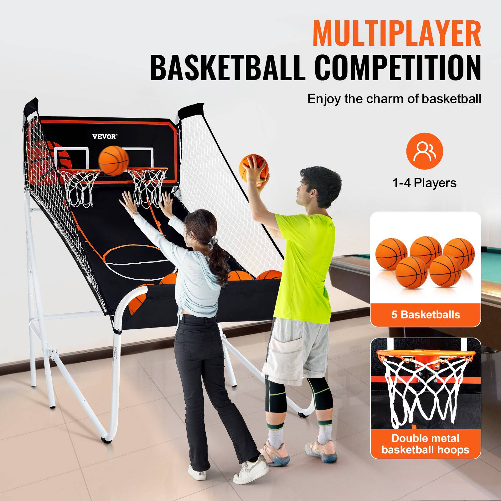 VEVOR Jeu arcade basketball pliable, 2 joueurs, double panier. 5 ballons, tableau électronique, pompe. Noir/blanc. - Image 5