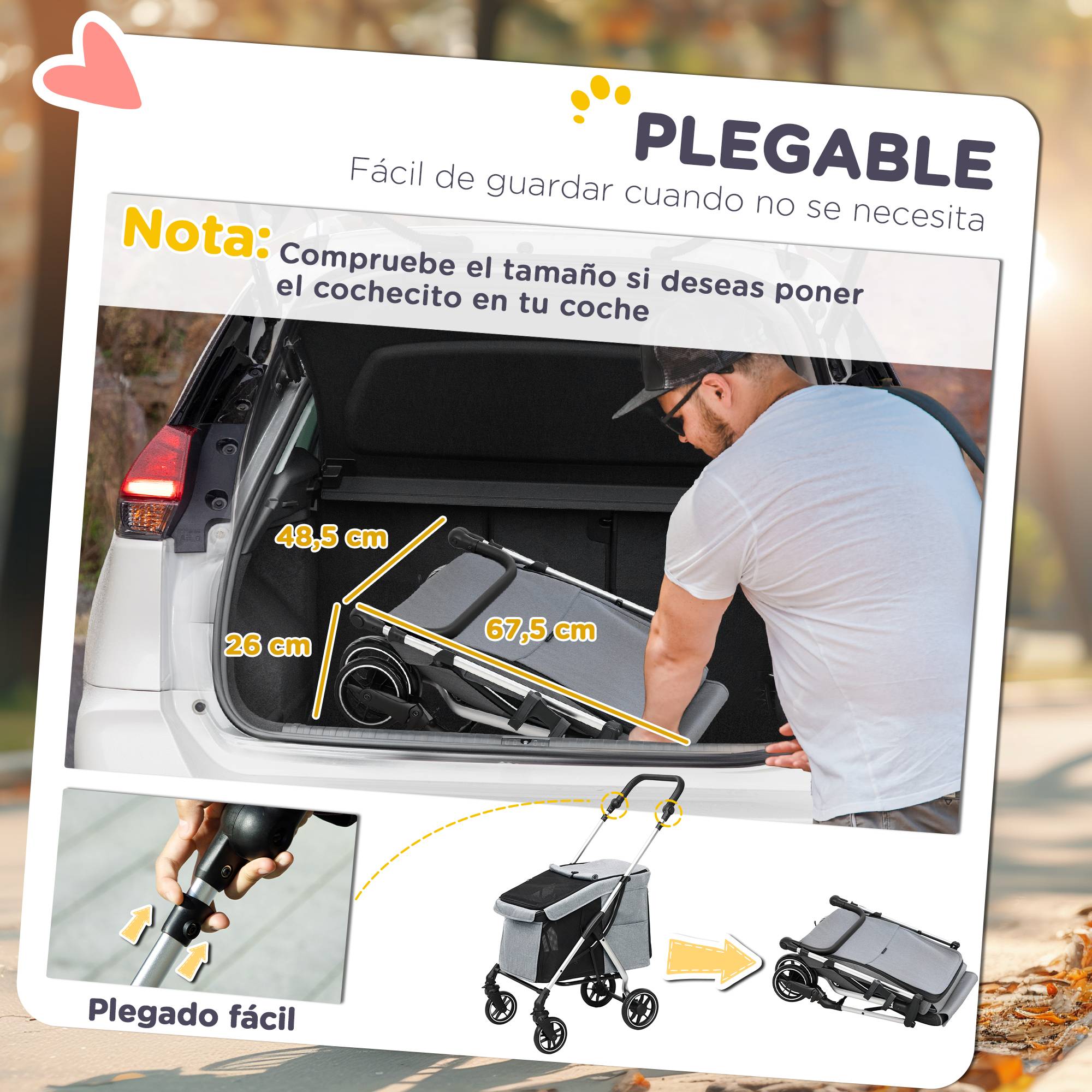 Poussette légère et pliable pour petits chiens, avec ventilation optimale, 80 x 48,5 x 106 cm, grise et argentée - Image 8
