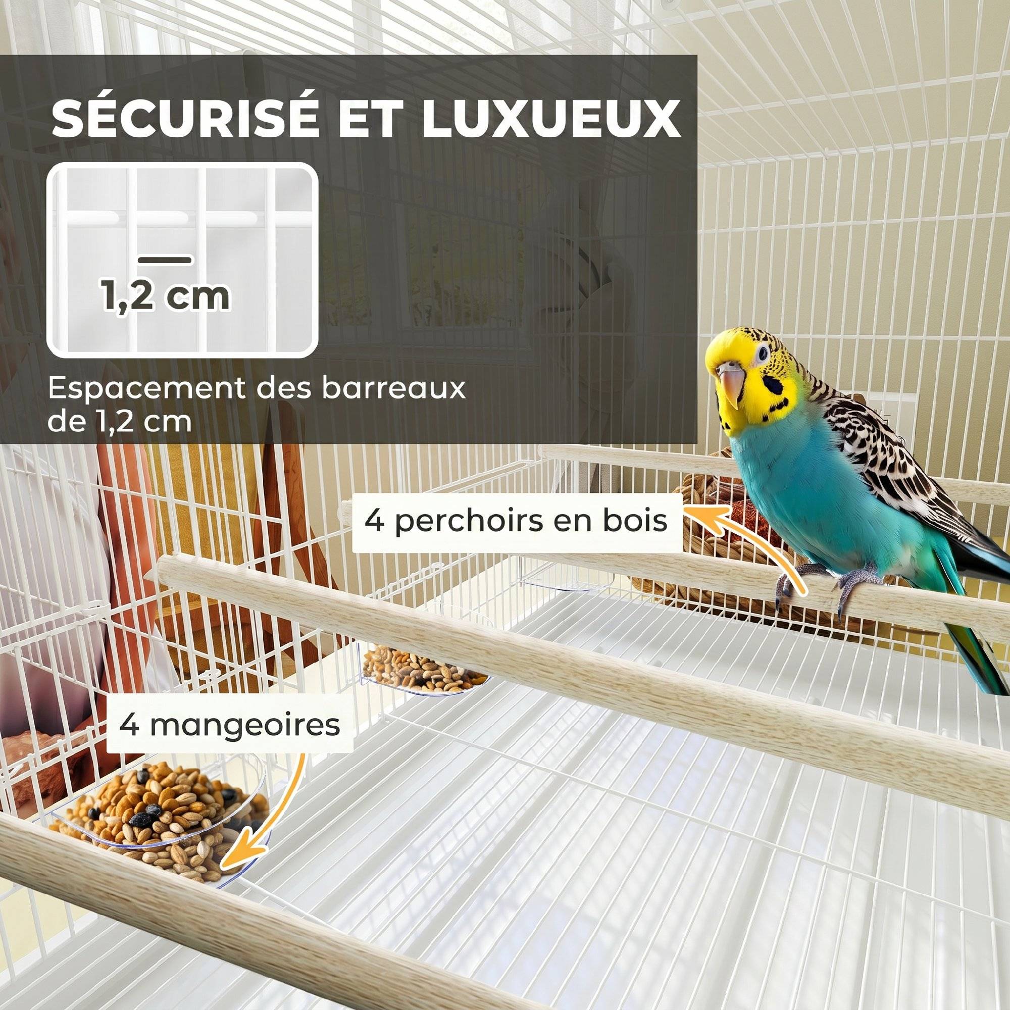 ComfortXL - Cage à oiseaux acier blanc 76x46x46 cm volière intérieure séparateur amovible - ComfortXL Outdoor Living - Image 6