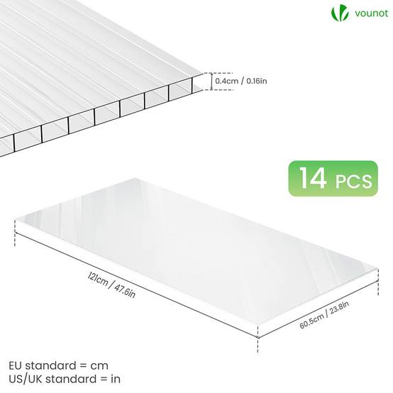 Vounot - Lot de 14 plaques en polycarbonate alvéolaire 4 mm - 121 x 60,5 cm transparent - double paroi creuse - pour serre - VOUNOT® - Image 5
