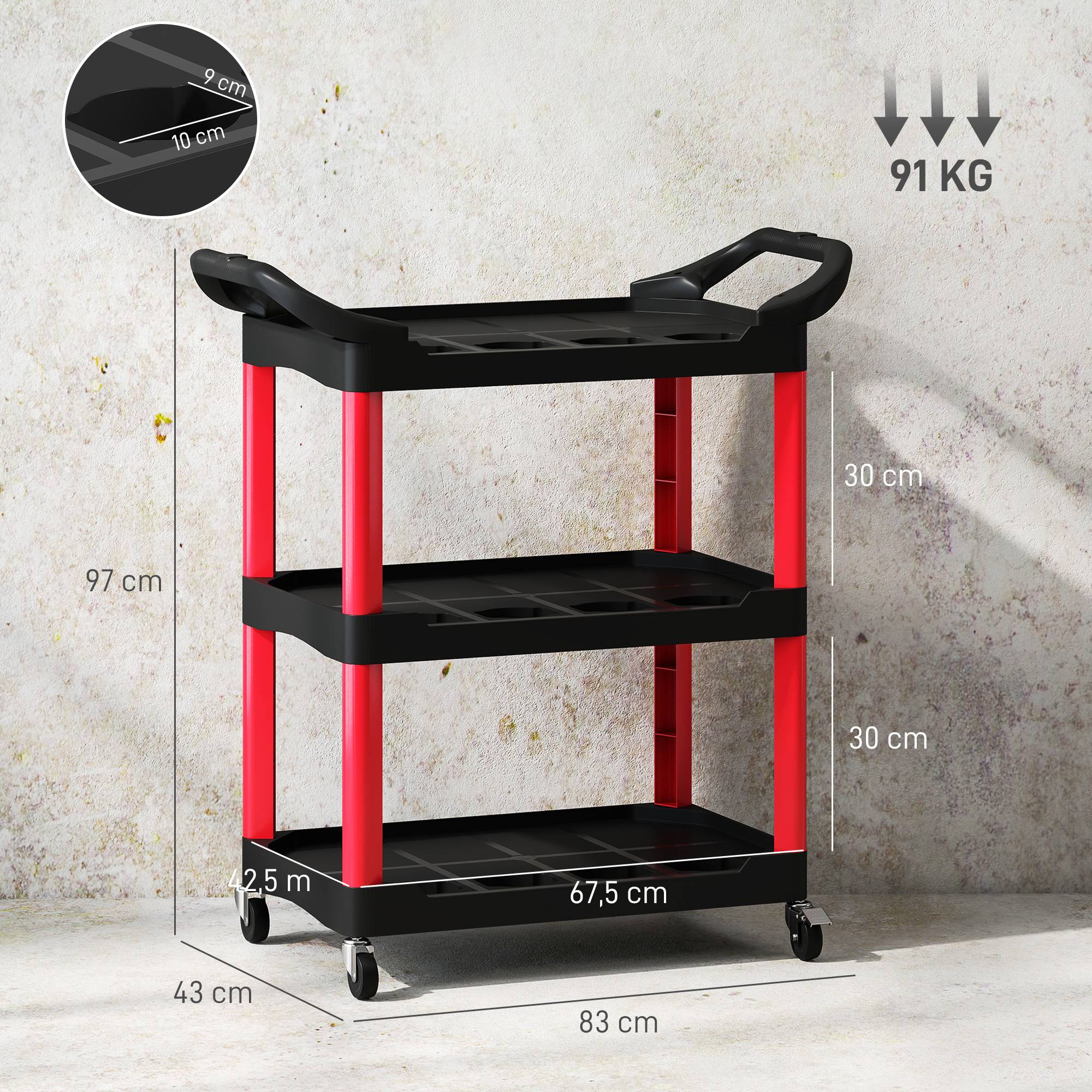 Sans Marque - Chariot à outils à 3 niveaux, poignées latérales, roulettes, plastique, rouge - Image 5
