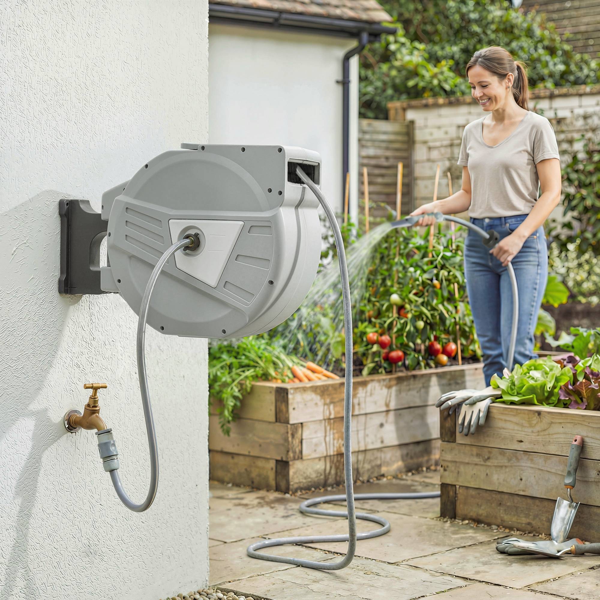 ComfortXL - Enrouleur tuyau arrosage mural PP gris 40+2 m Ø15 mm pivotant 180° rétractable - ComfortXL Outdoor Living - Image 2