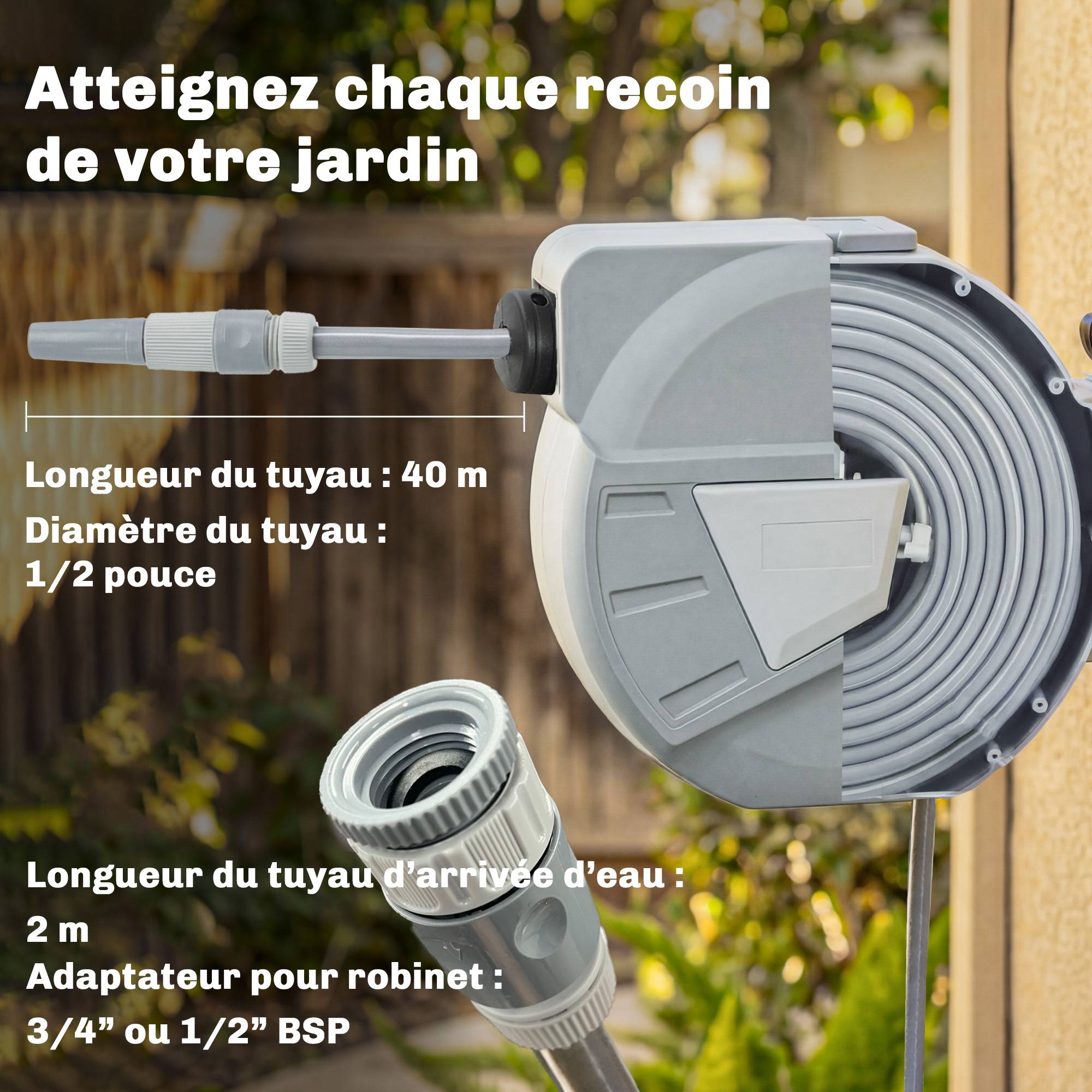 ComfortXL - Enrouleur tuyau arrosage mural PP gris 40+2 m Ø15 mm pivotant 180° rétractable - ComfortXL Outdoor Living - Image 5