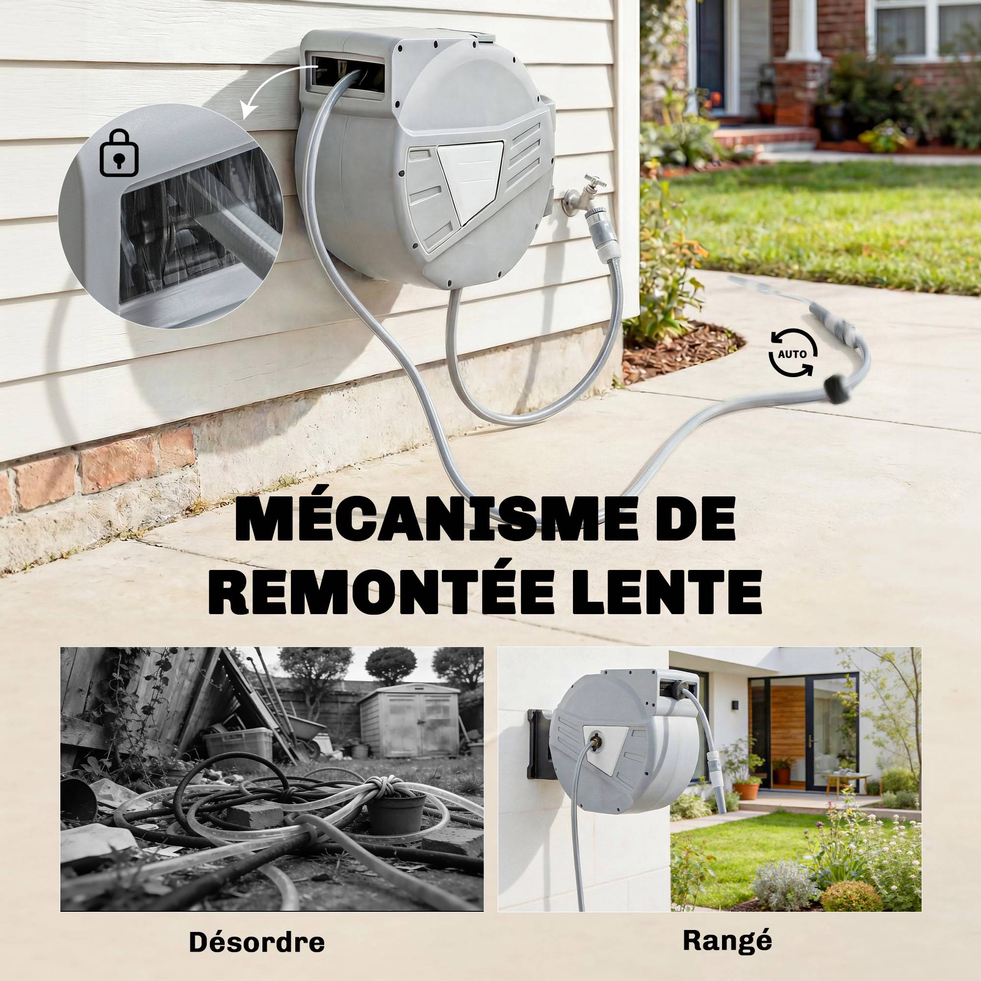 ComfortXL - Enrouleur tuyau arrosage mural PP gris 40+2 m Ø15 mm pivotant 180° rétractable - ComfortXL Outdoor Living - Image 6