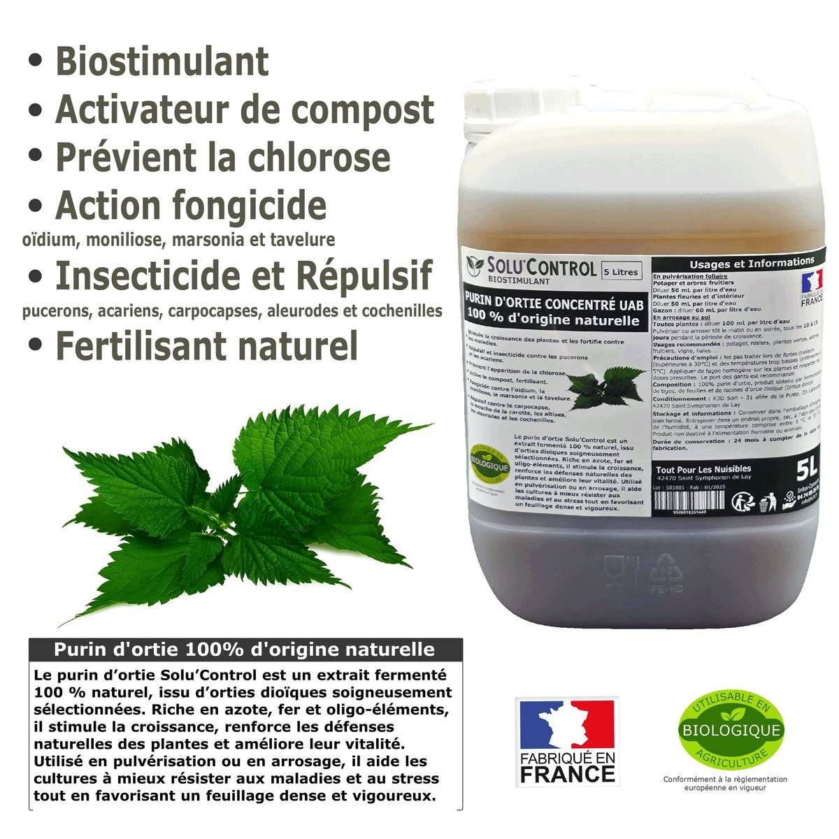 Tout pour les nuisibles - SOLU'CONTROL - Purin d’Ortie Naturel – 5L – Produit Végétal – Stimule la Croissance et Renforce les Plantes - Image 2