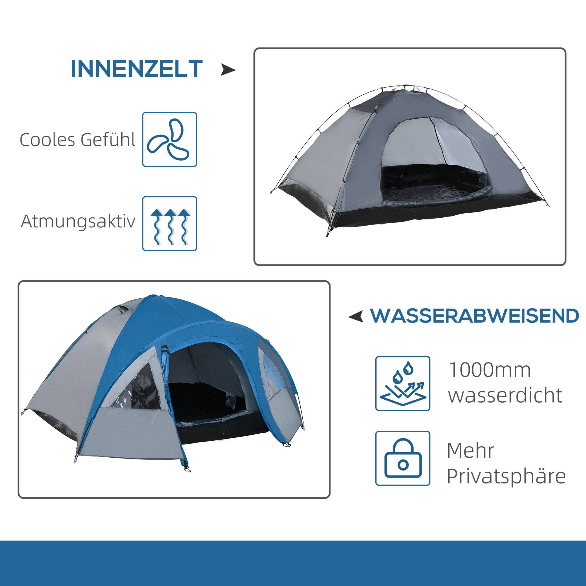 Sans Marque - Tente camping 3 pers., utilisable toute l'année, 3,00x2,50x1,30m, bleu+gris - Image 6