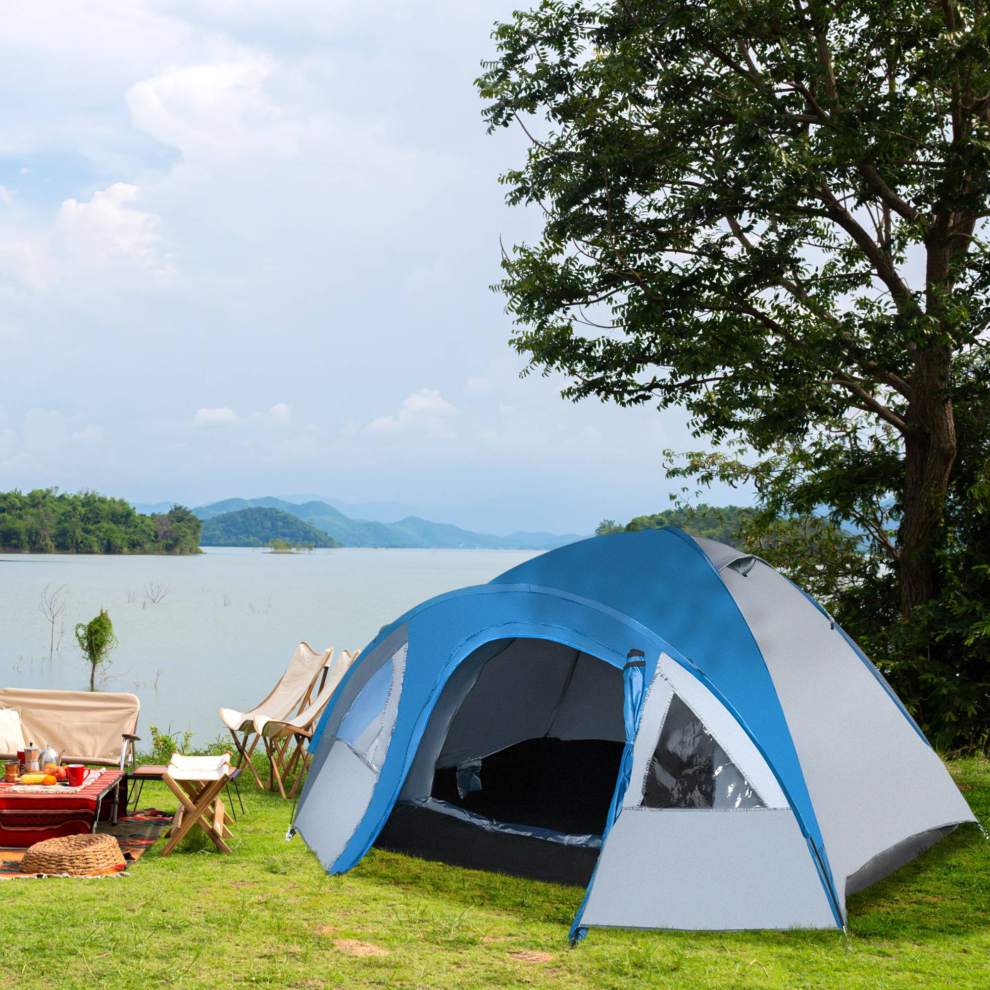 Sans Marque - Tente camping 3 pers., utilisable toute l'année, 3,00x2,50x1,30m, bleu+gris - Image 4