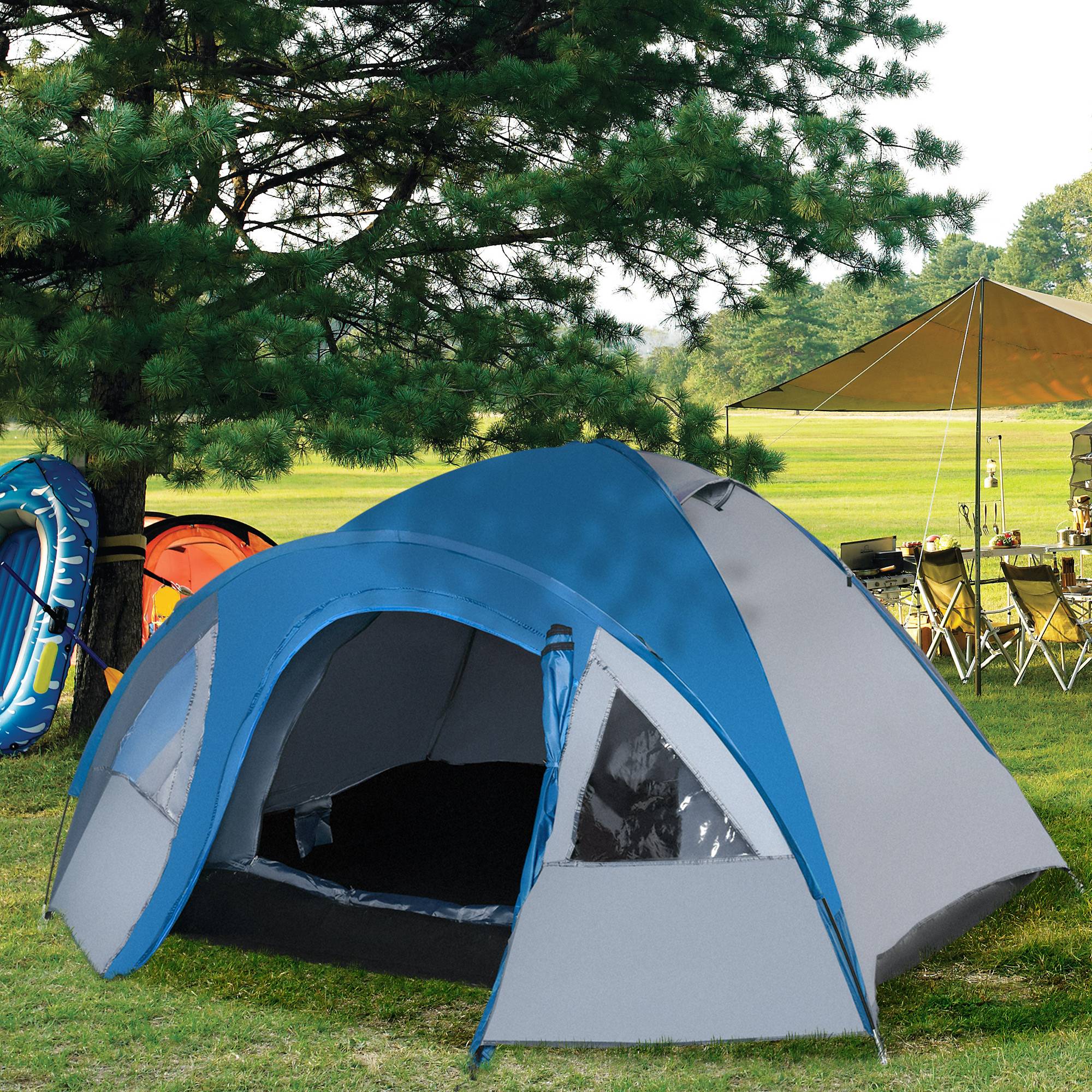 Sans Marque - Tente camping 3 pers., utilisable toute l'année, 3,00x2,50x1,30m, bleu+gris - Image 3