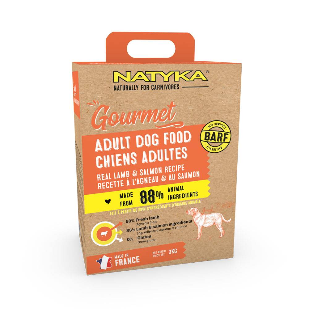 0 - Croquettes Semi-Humides pour chien adulte à l'agneau et saumon Natyka Gourmet 3kg
