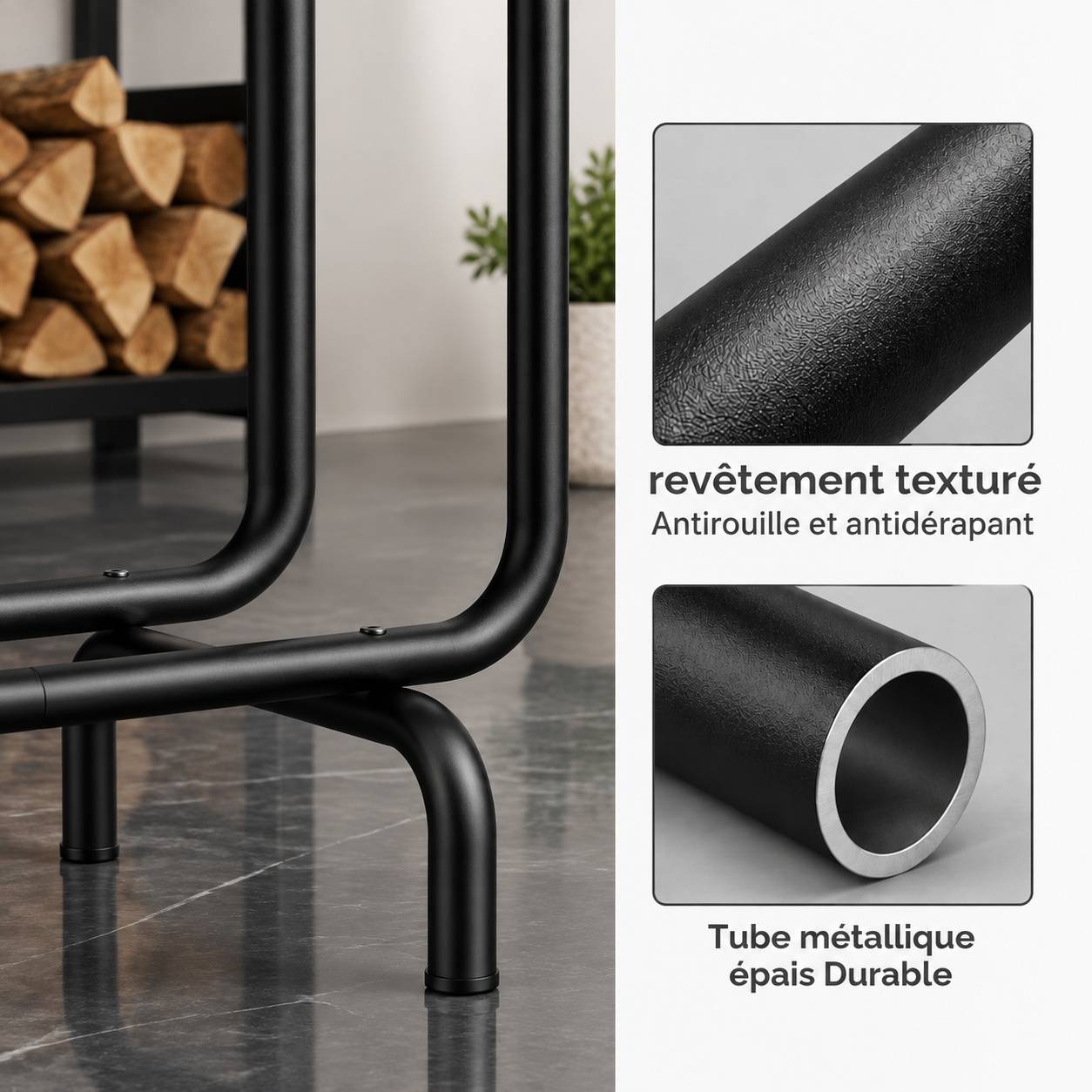Support à Bûches Métal Intérieur Extérieur Rangement Bois Noir - Image 9
