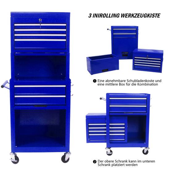 Servante d'Atelier Modulable 2 en 1 Bleue, 6 Tiroirs et Coffre Amovible à Roulettes – ComfortXL Outdoor Living - Image 4