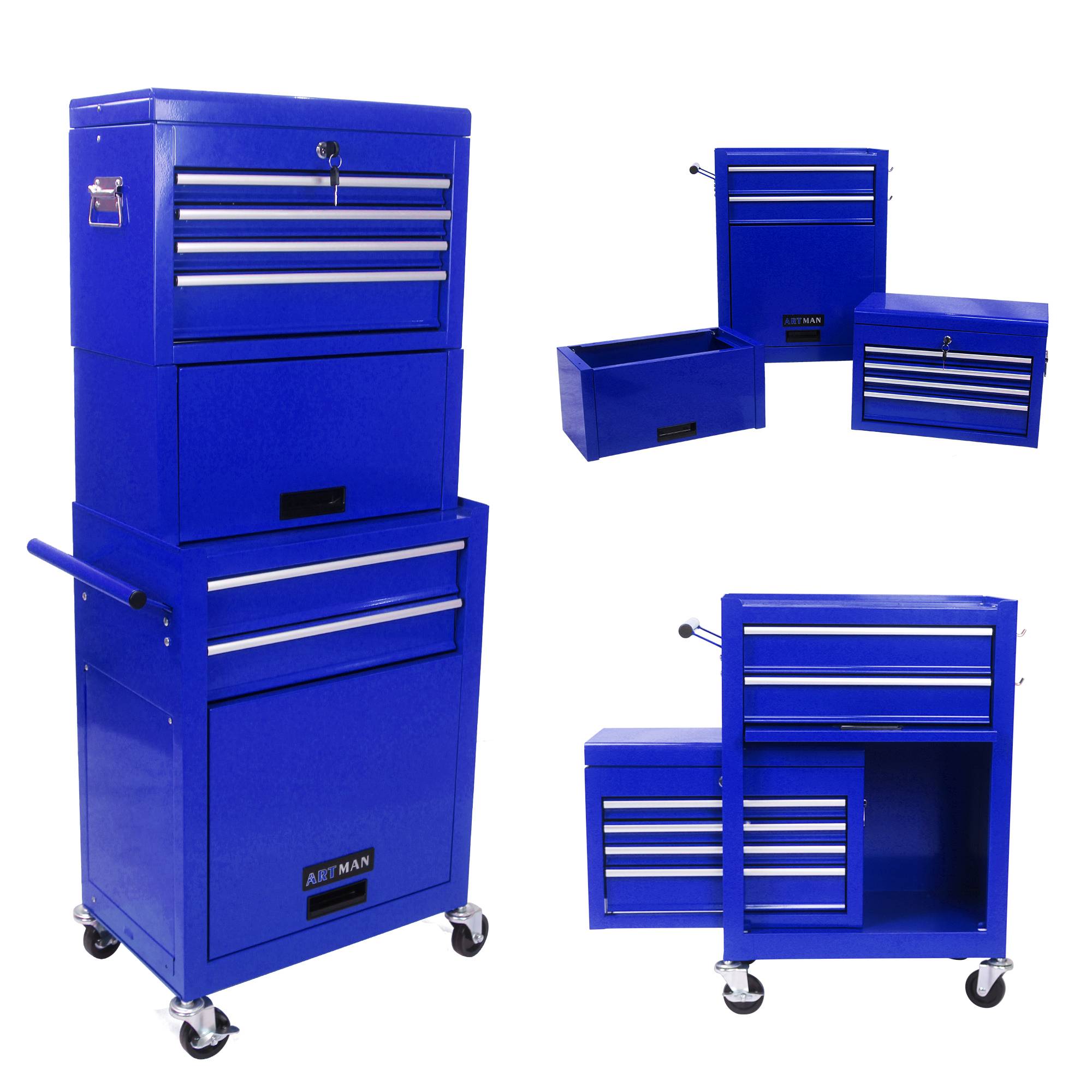 Servante d'Atelier Modulable 2 en 1 Bleue, 6 Tiroirs et Coffre Amovible à Roulettes – ComfortXL Outdoor Living