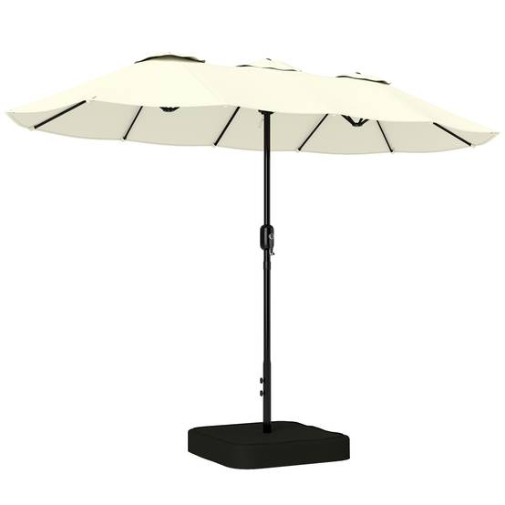 Parasol double à 12 baleines avec manivelle, base en croix et sacs, en métal et polyester, 3x1,5 m, beige - Image 1