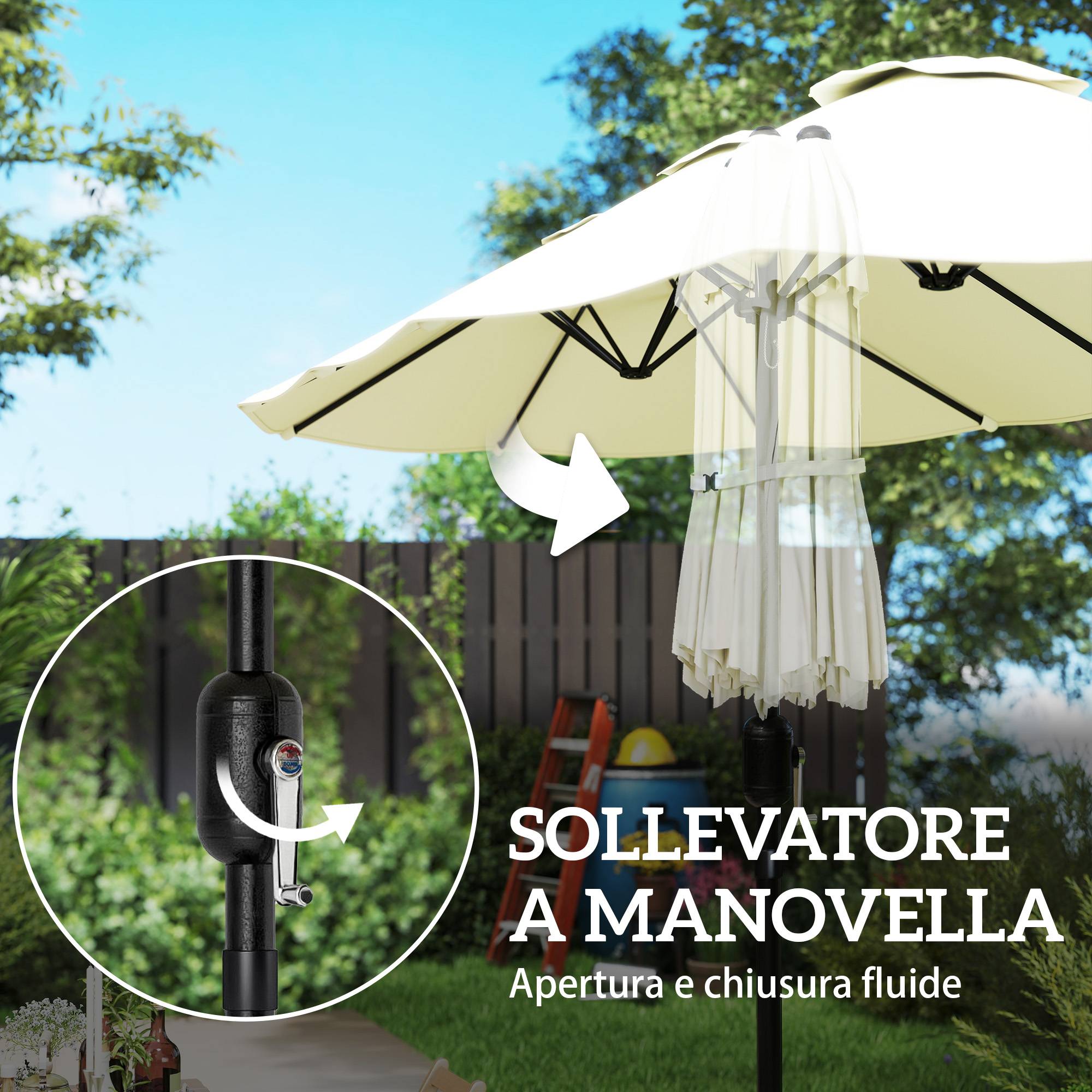 Parasol double à 12 baleines avec manivelle, base en croix et sacs, en métal et polyester, 3x1,5 m, beige - Image 10