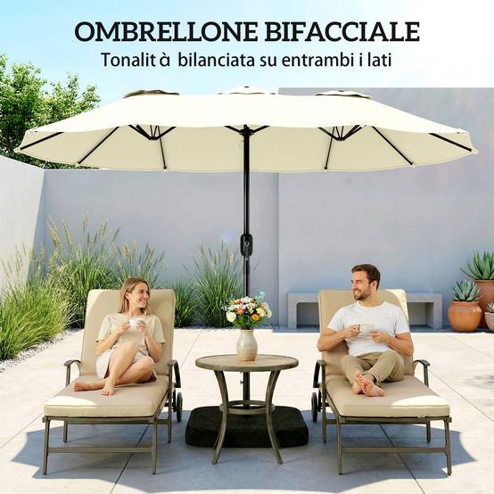 Parasol double à 12 baleines avec manivelle, base en croix et sacs, en métal et polyester, 3x1,5 m, beige - Image 8