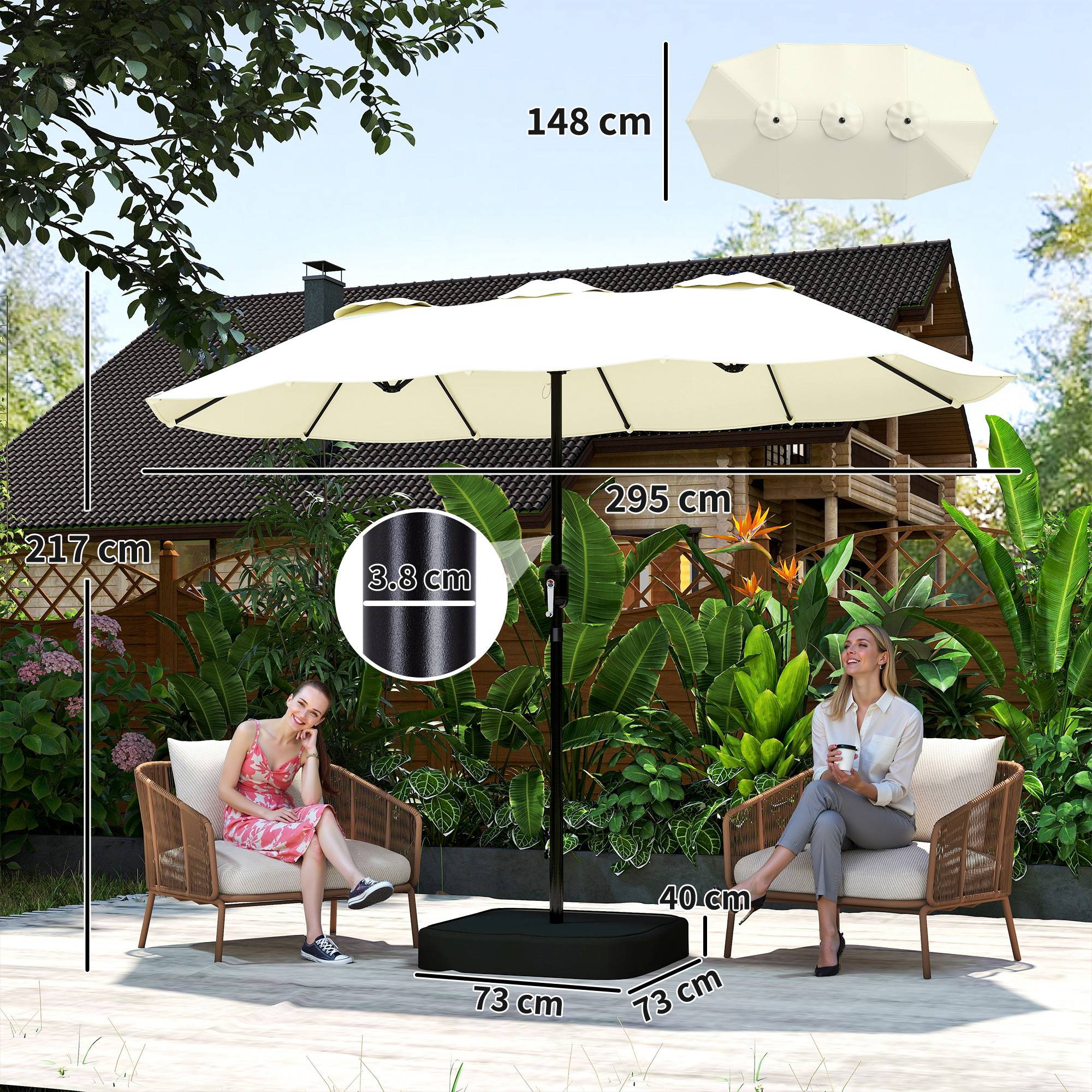 Parasol double à 12 baleines avec manivelle, base en croix et sacs, en métal et polyester, 3x1,5 m, beige - Image 5